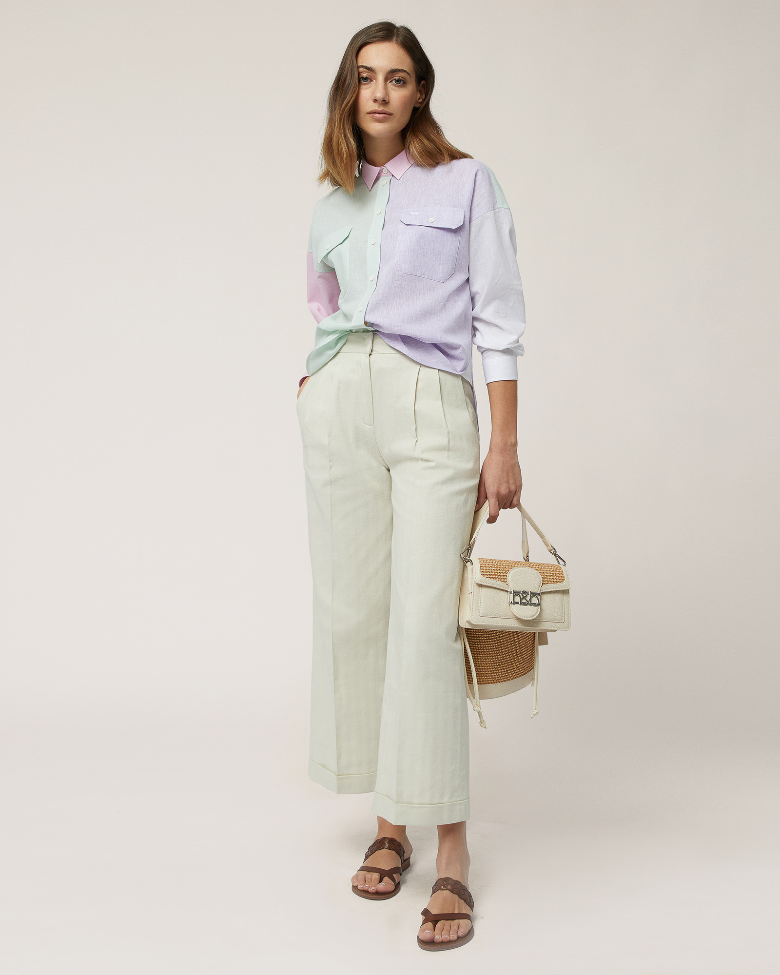 Linen-Blend Patchwork Shirt, Creamy White, large image number 3