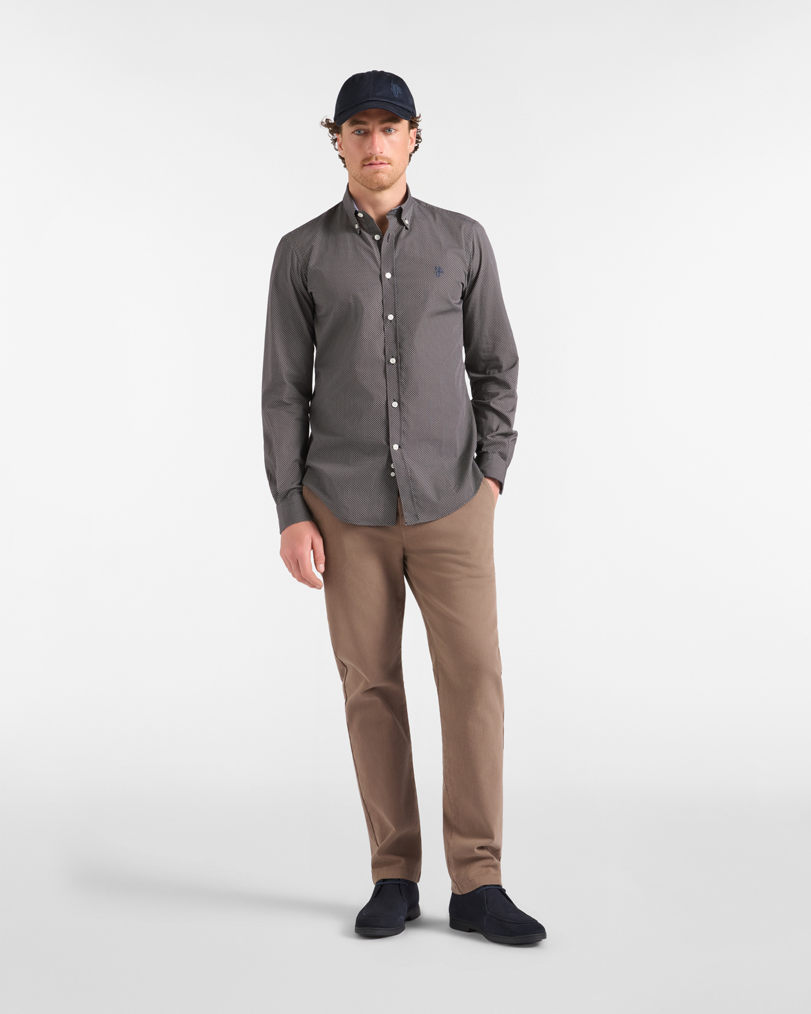 Camicia HBJ Uomo Narrow Fit in puro cotone con microstampa e collo Montecarlo, BLU SCURO, large