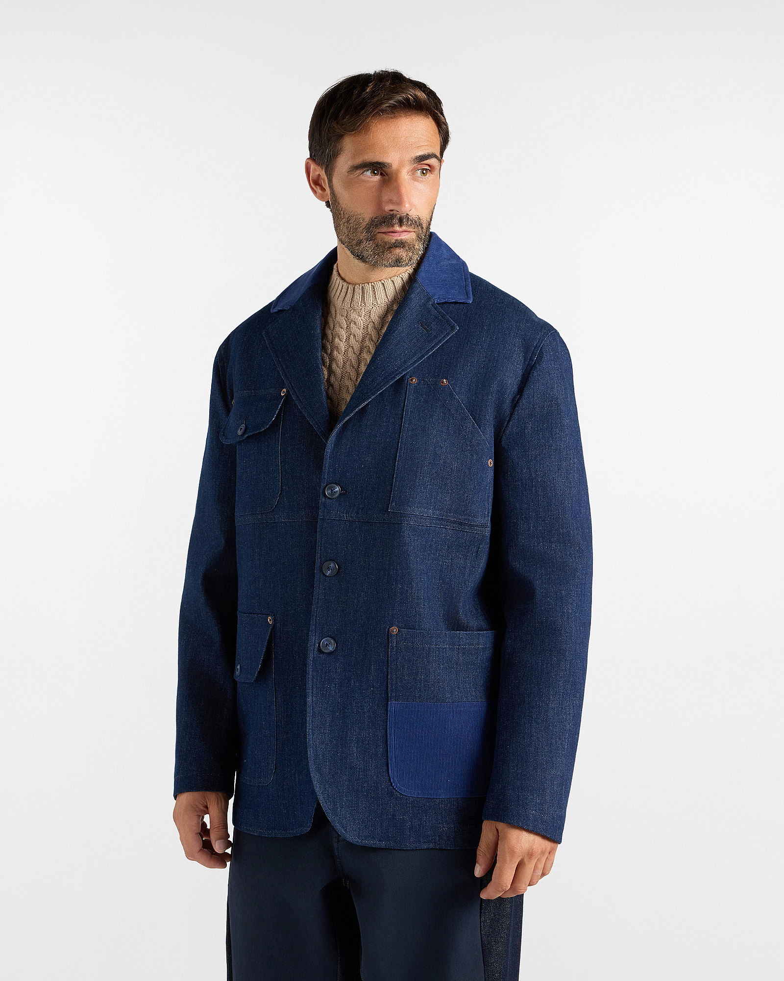Re-Loved Men&rsquo;s Blue Stretch Cotton Denim Jacket with Velvet Details, Made in Italy