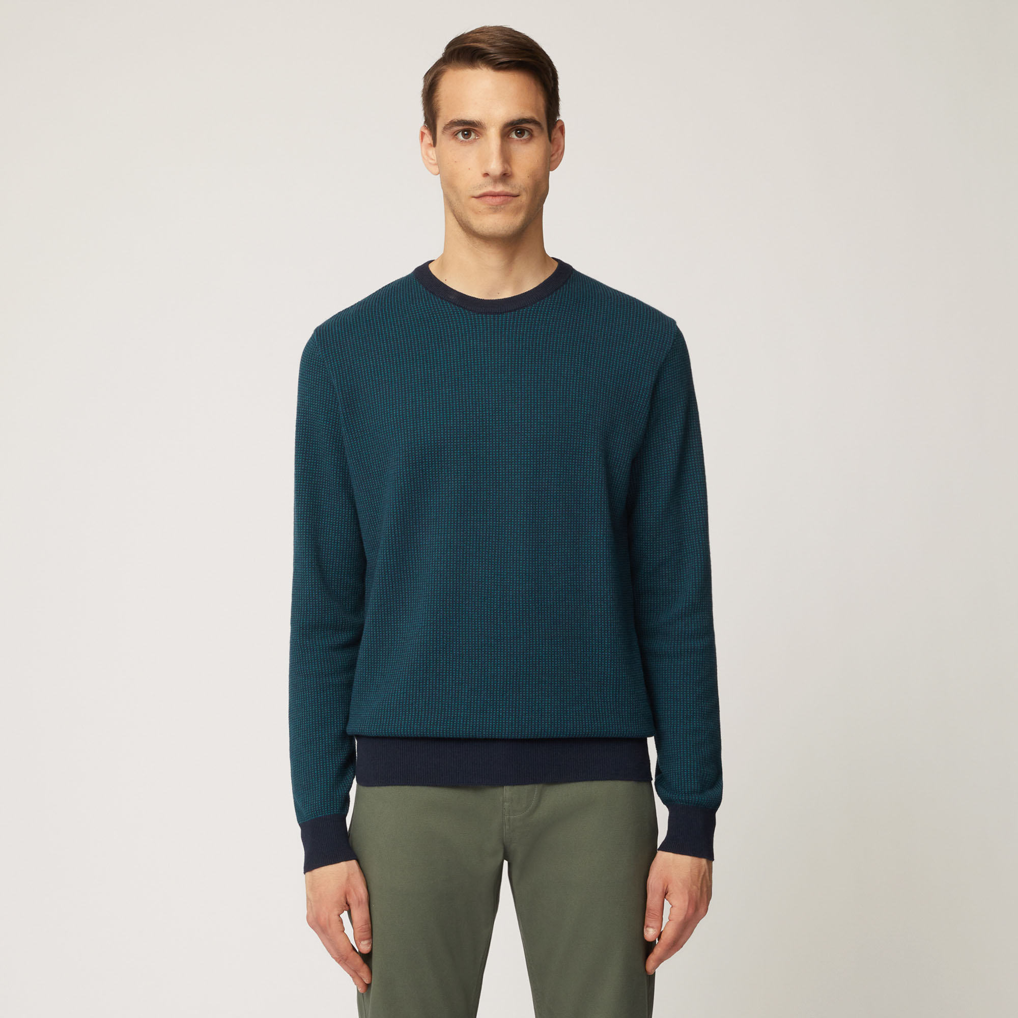 Pullover Girocollo In Cotone E Lana Bicolor, Verde Petrolio, large image number 0