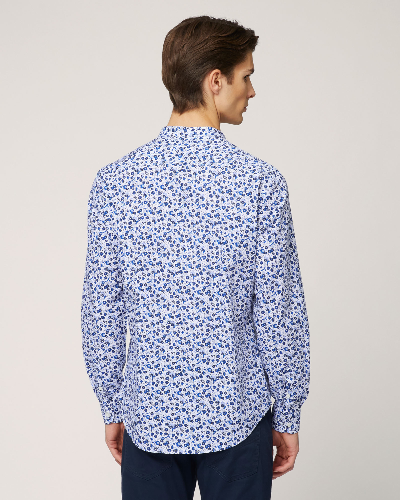Mandarin-Collar Shirt with Flowers