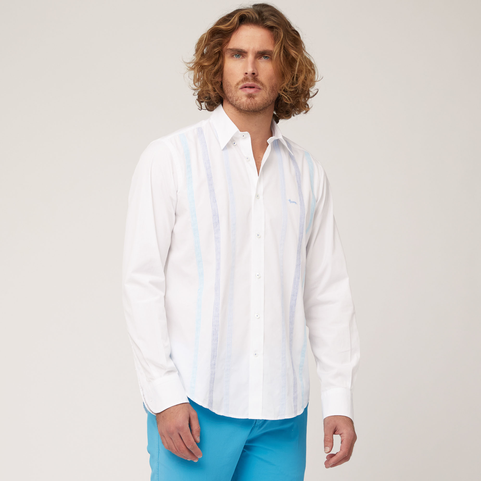Camicia In Cotone Con Fasce Rigate, Bianco, large