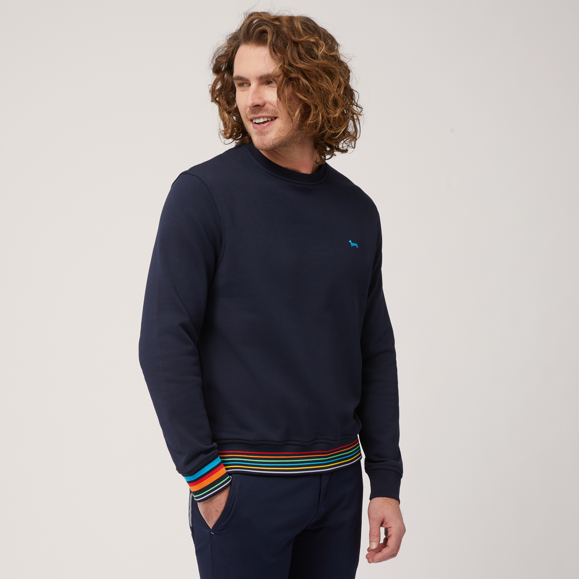 Crew Neck Cotton Pullover with Striped Details, Blue, large
