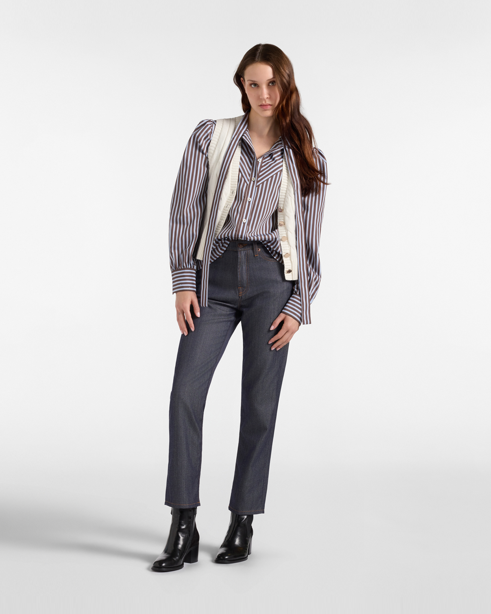 Women's Made in Italy  striped shirt with tie-neck collar, BROWN, large