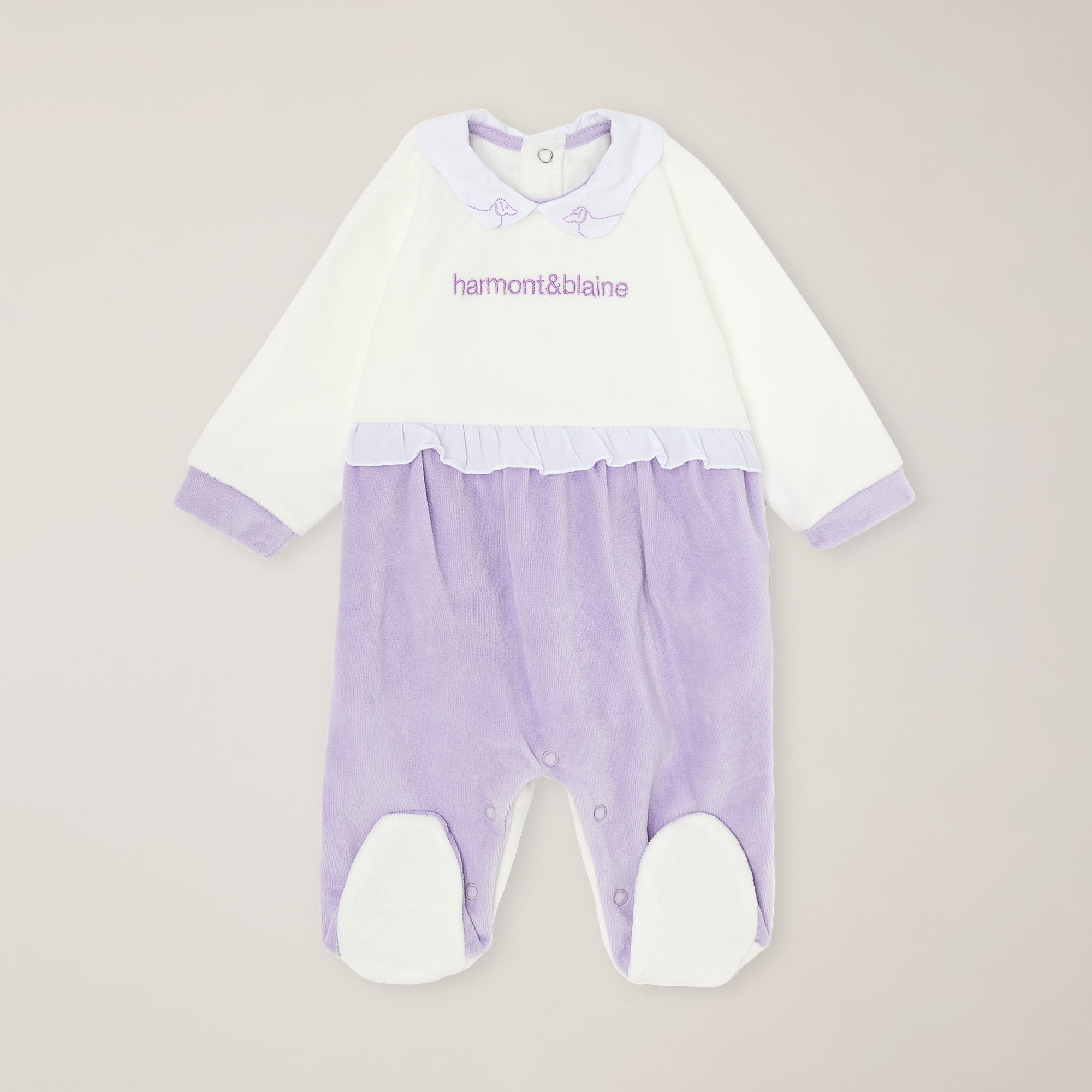 Chenille romper with ruffles and logo embroidery