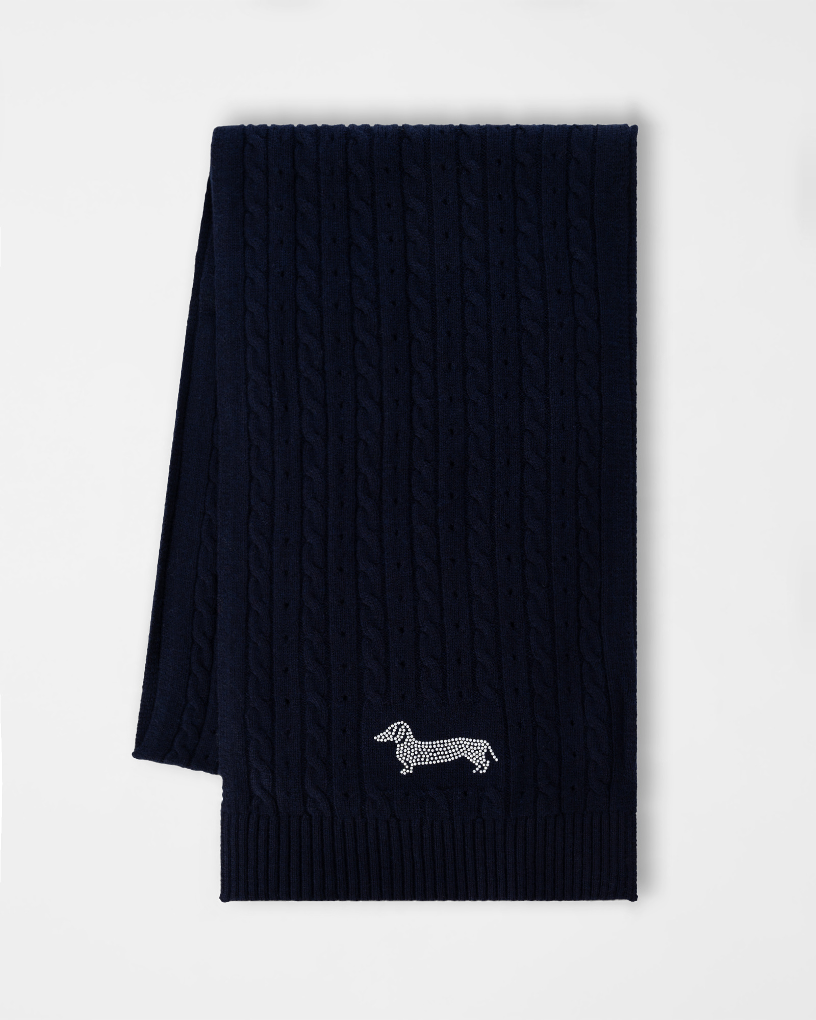 Women's scarf in navy blue knit with cables and rhinestone dachshund