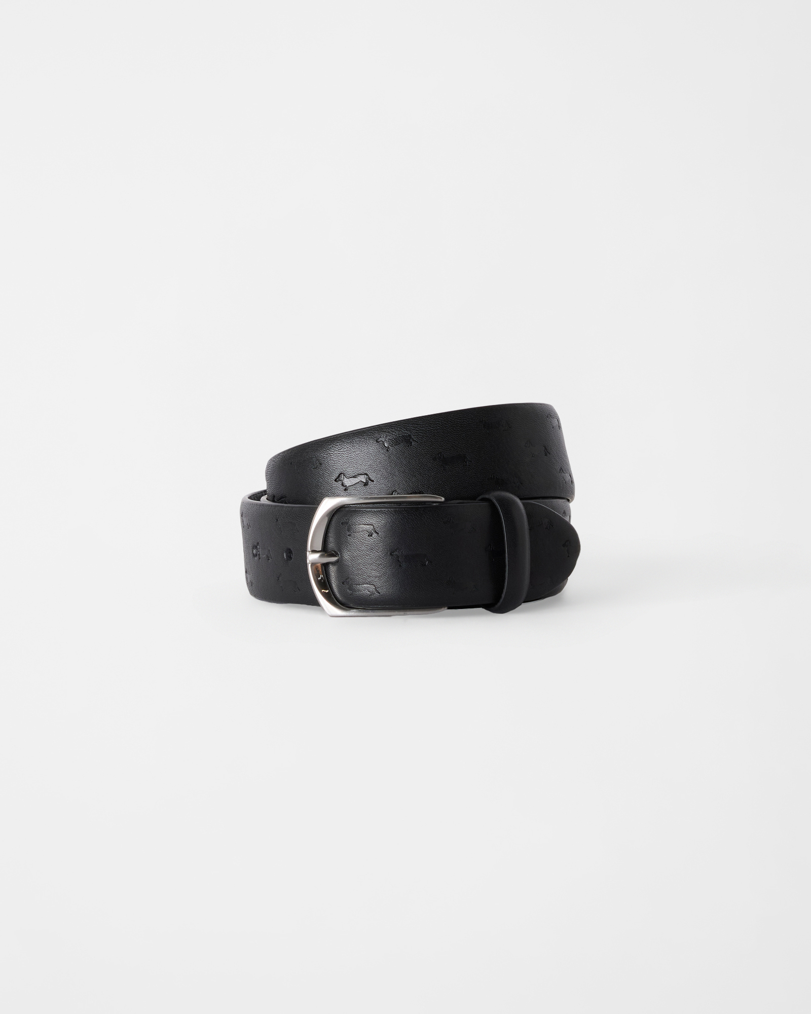 Men's black genuine leather belt with black embossed dachshunds