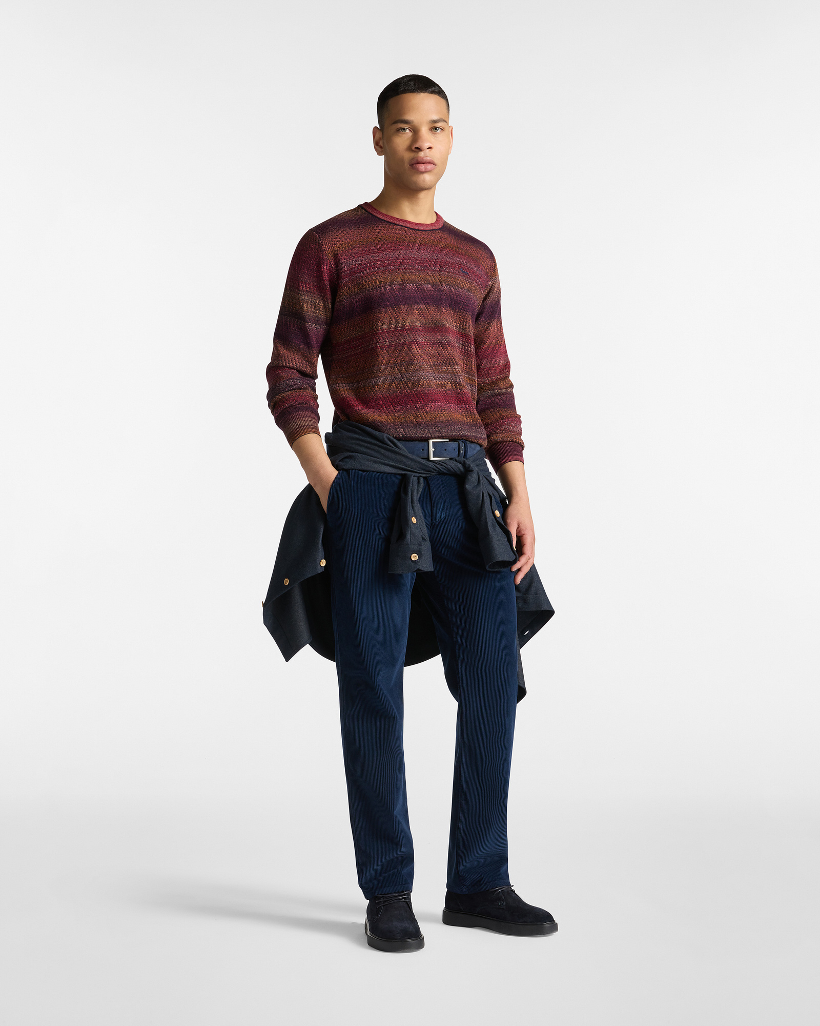 Chevron Knit Pullover with Printed Yarn, Navy Blue, large image number 3