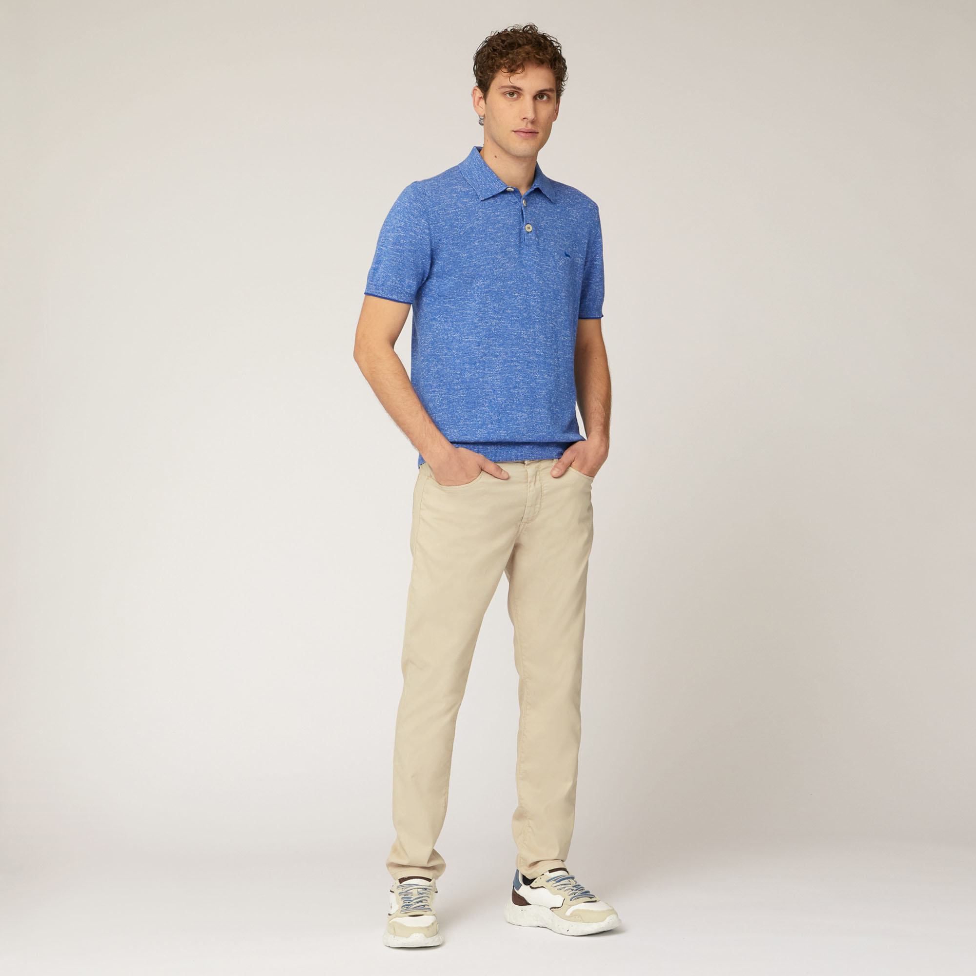Cotton and Linen Tweed Polo, Light Blue, large image number 3