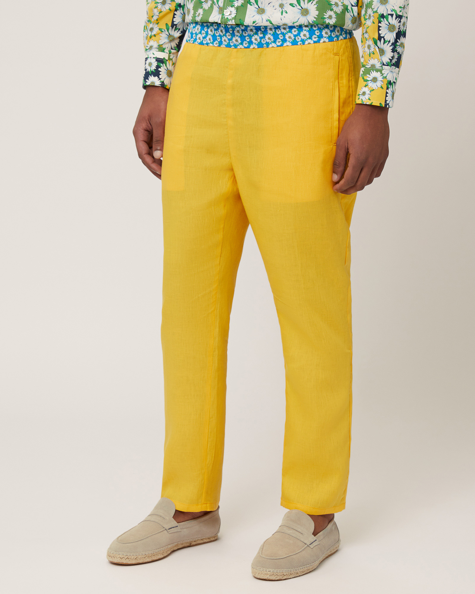 Linen Pants with Daisies, Canary Yellow, large