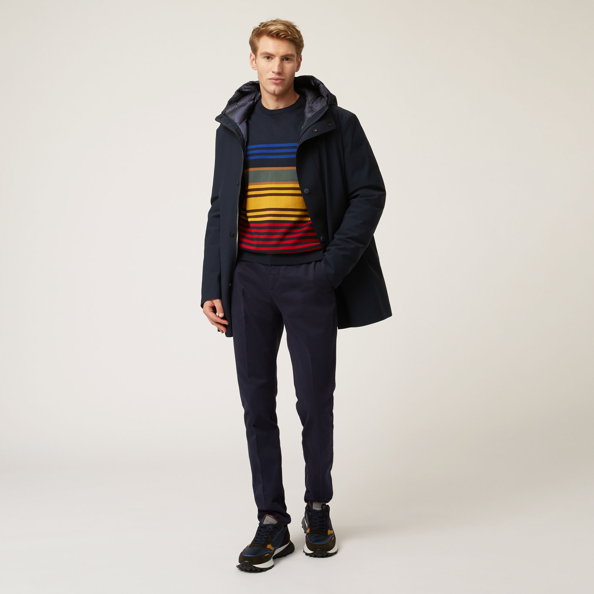Wool And Cotton Crew-Neck Pullover With Horizontal Stripes, Blue, large image number 3