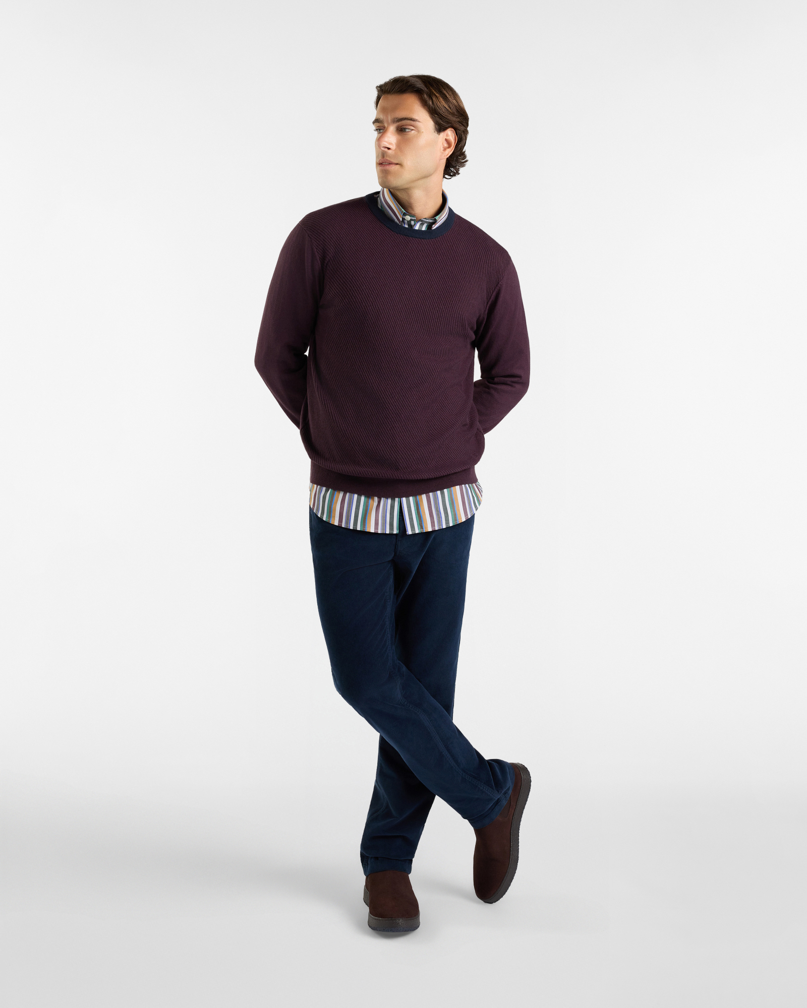 Maglia girocollo HBJ Uomo collo a contrasto in misto lana e cashmere, PRUGNA, large