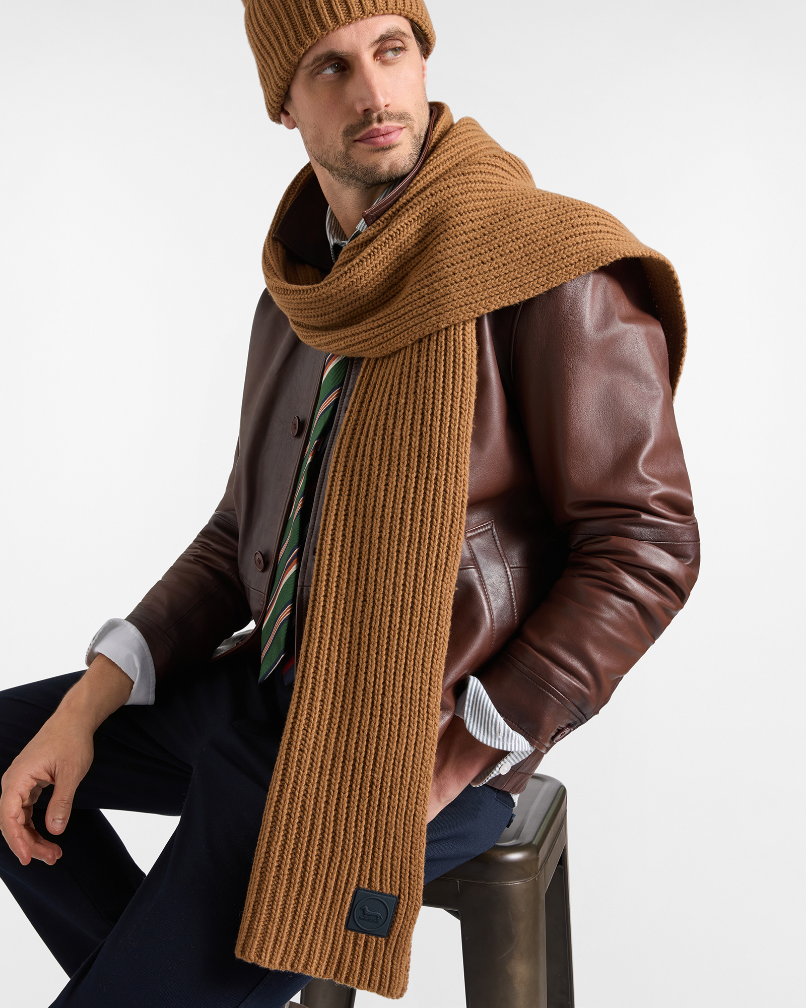 Men&rsquo;s wool and cashmere blend scarf with light brown signature patch