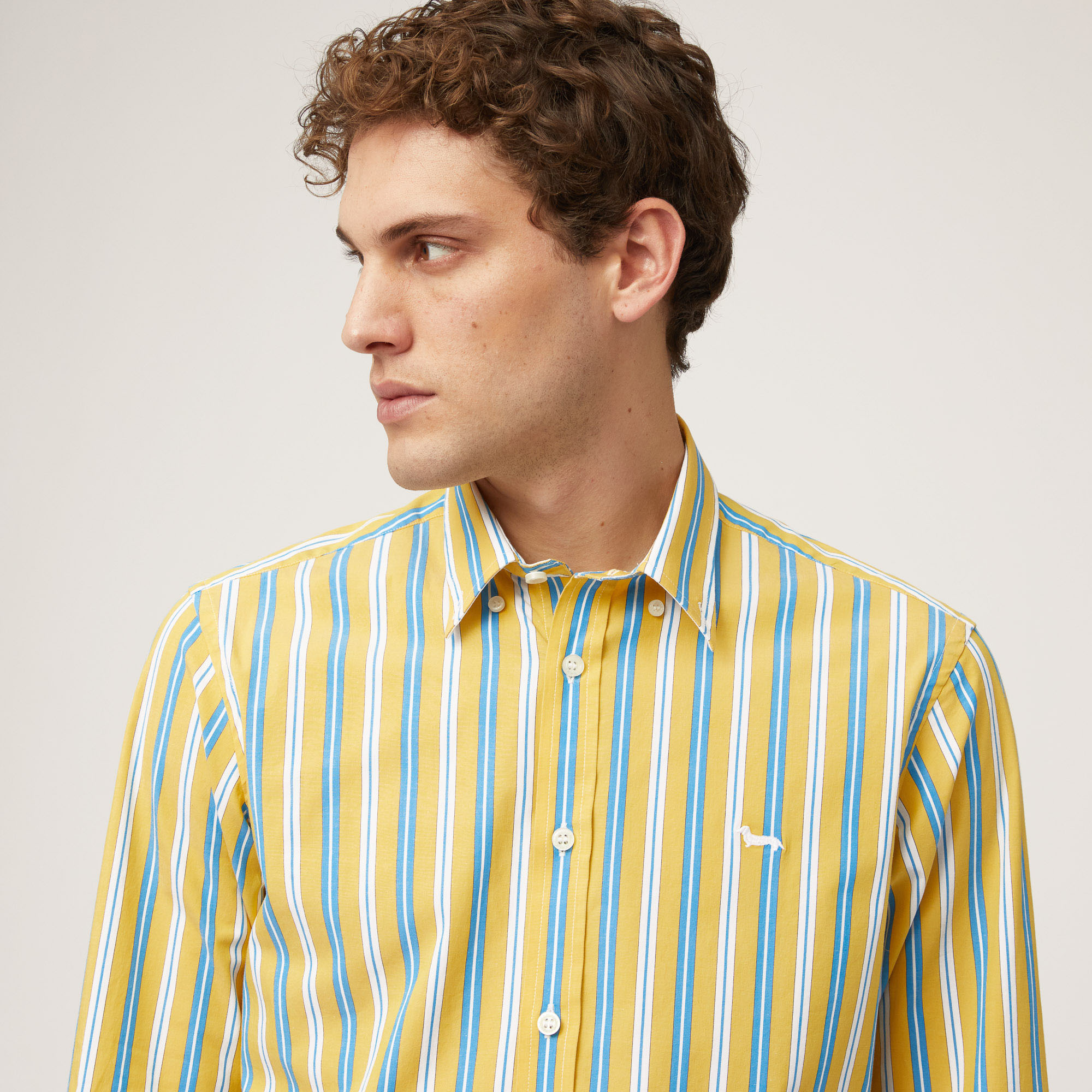 Stretch Cotton Shirt with Alternating Stripes, Gold, large image number 2