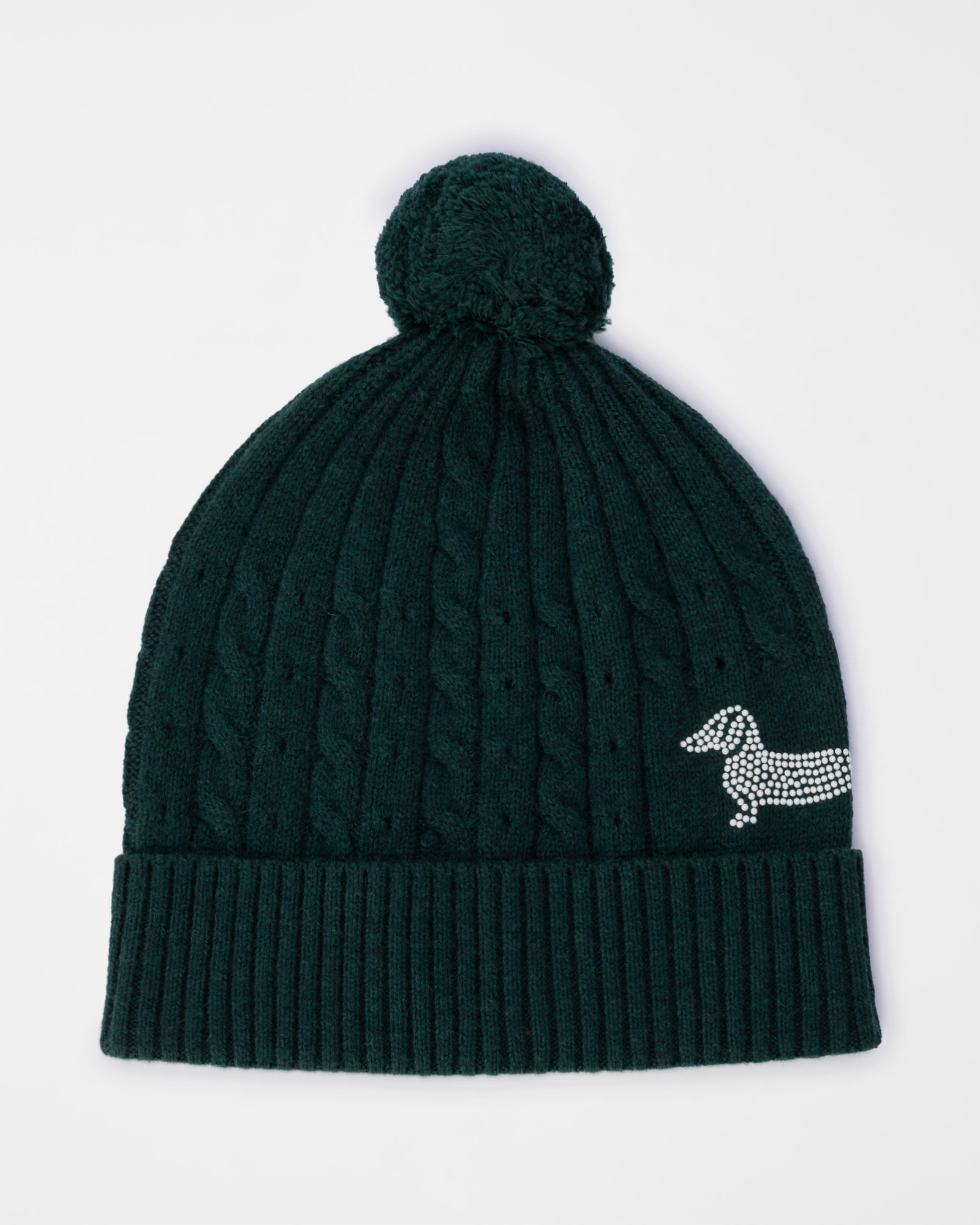 Women's beanie in green wool blend with pom pom and braided knit