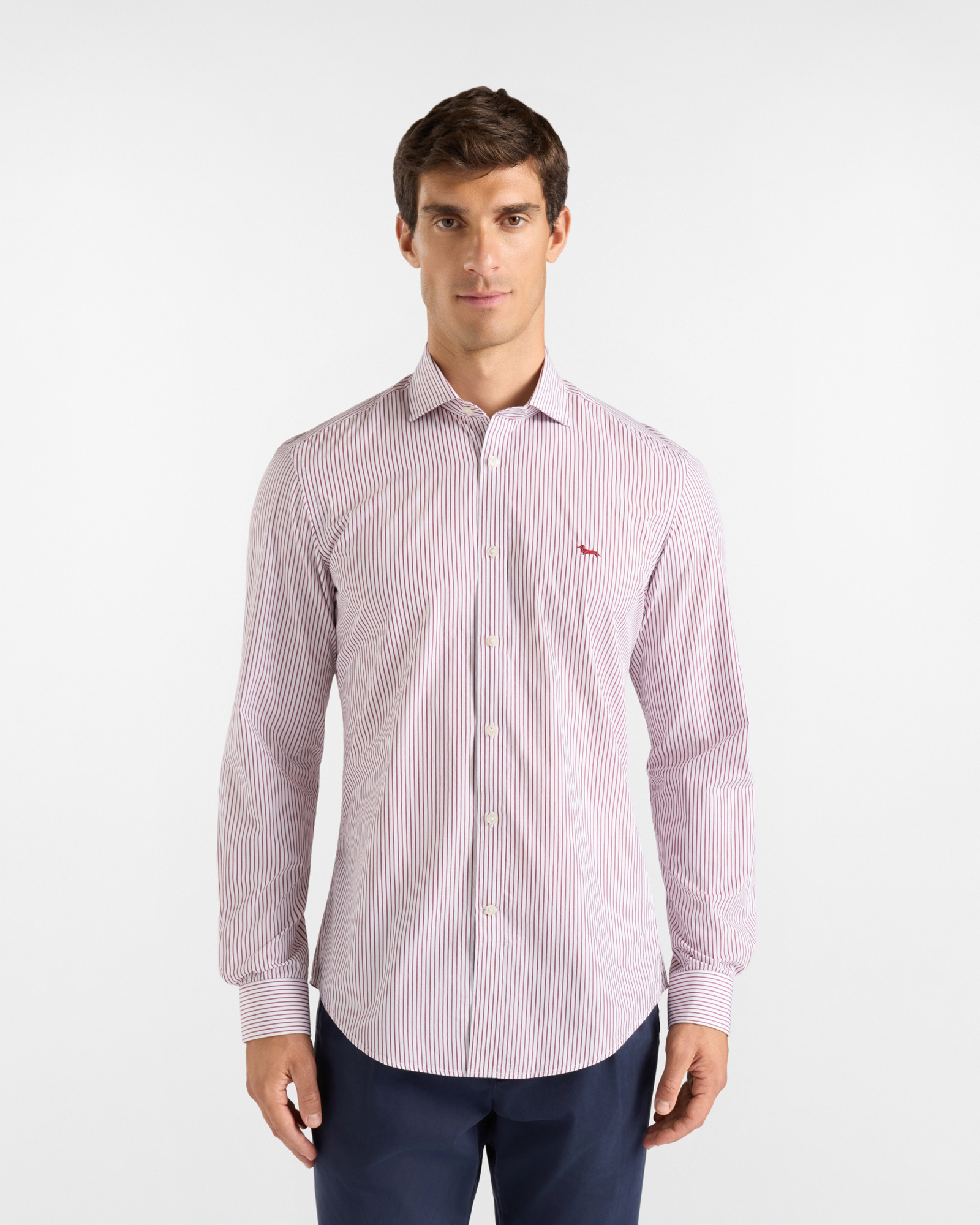 Men's narrow-fit red shirt featuring stripes on a white yarn-dyed background