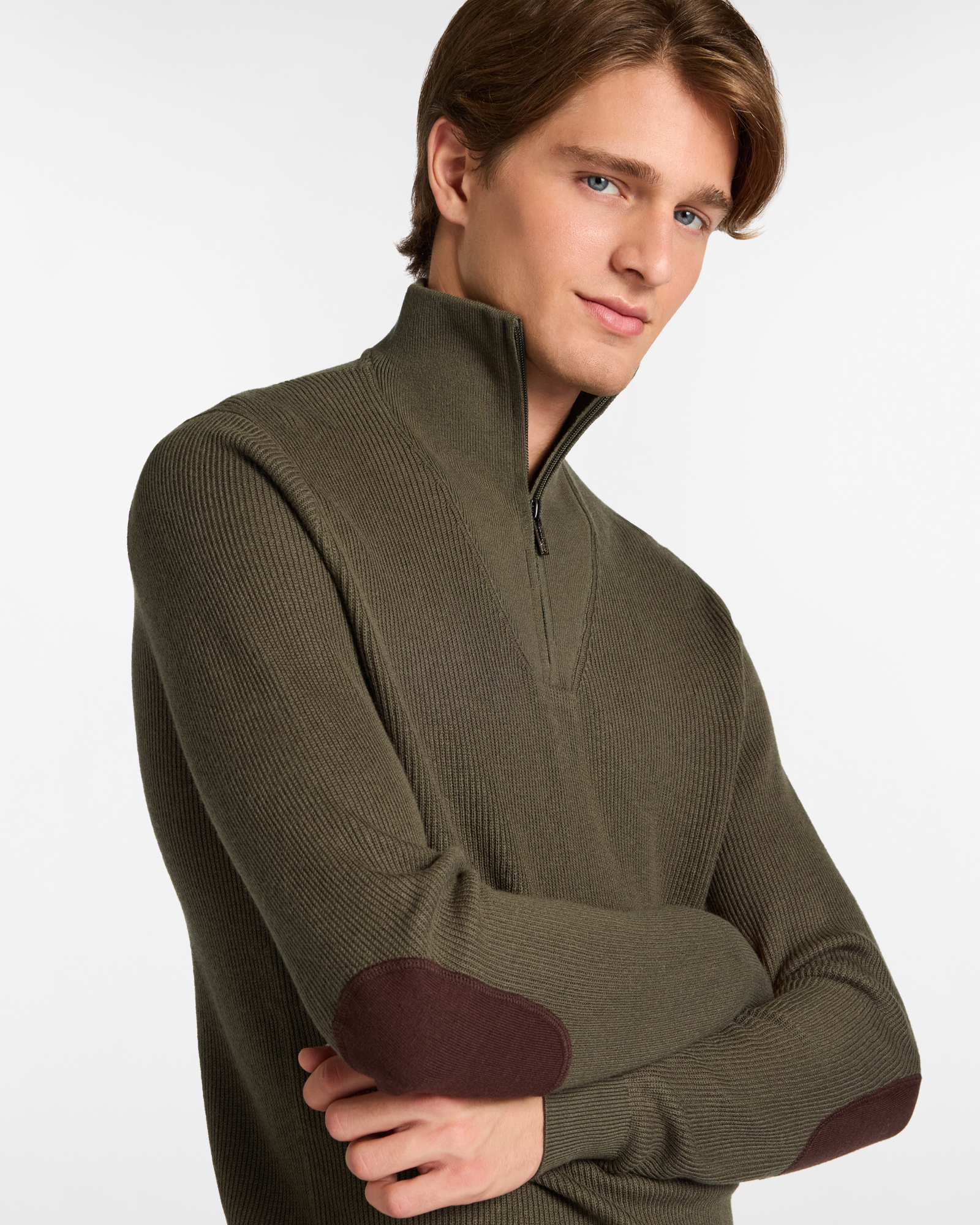Half Zip Ribbed Sweater with High Collar, Olive Green, large image number 2