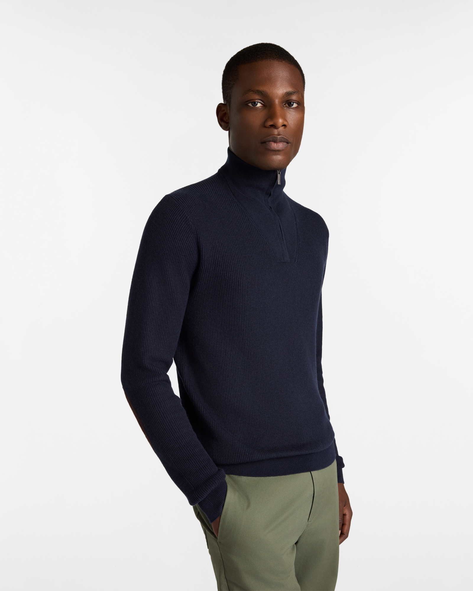 Half Zip Ribbed Sweater with High Collar, Dark Blue, large