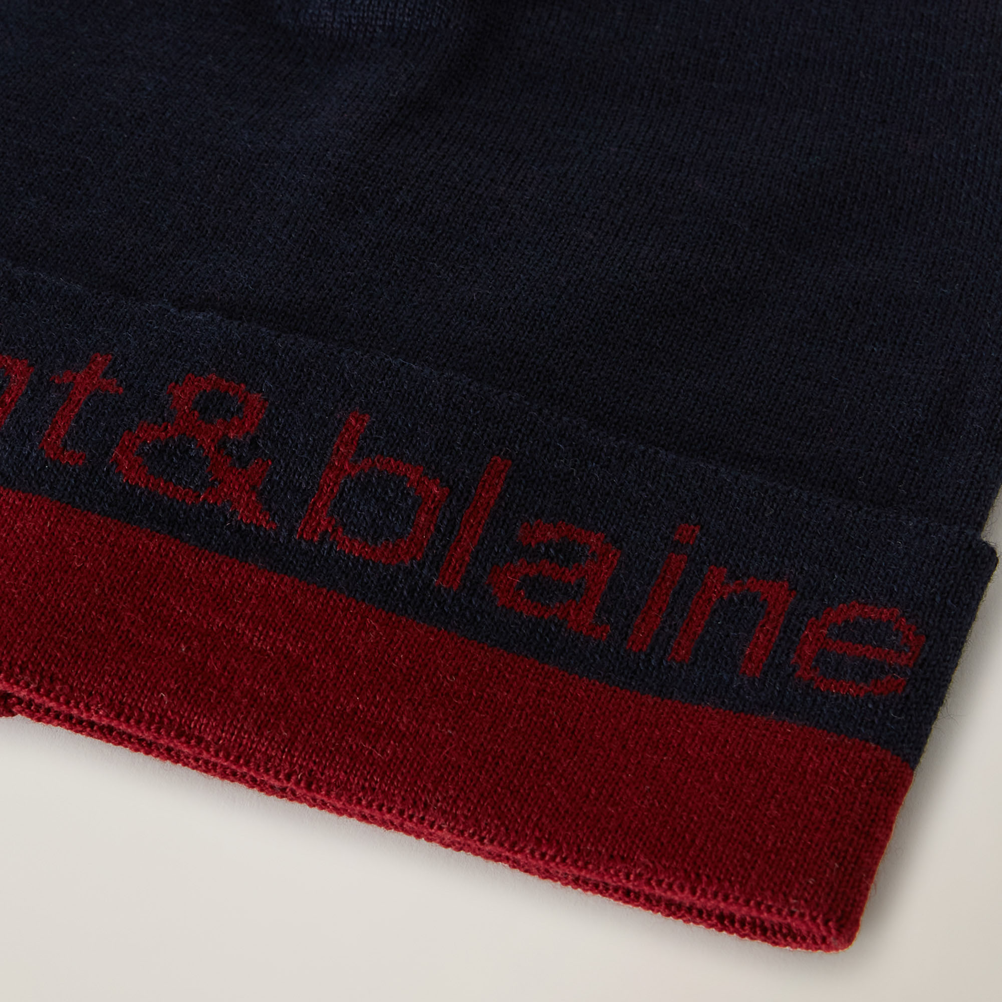 Short Wool-Blend Beanie With Contrasting Lettering And Edging, Blue, large