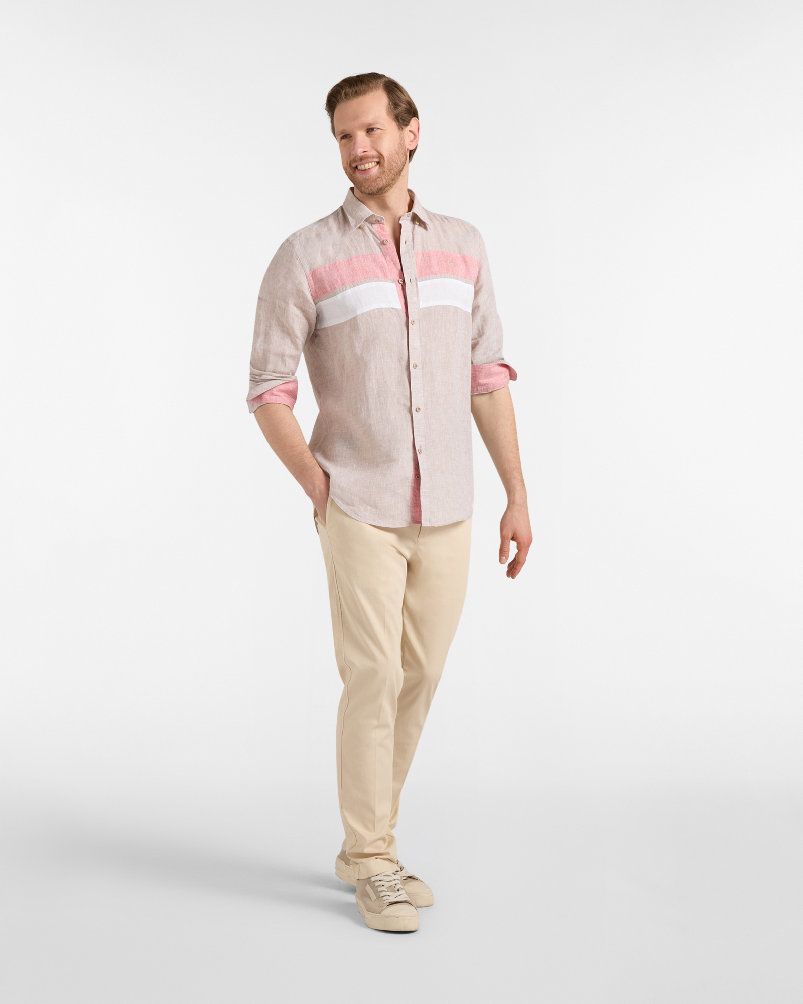 Linen shirt with contrasting bands, Beige, large image number 3