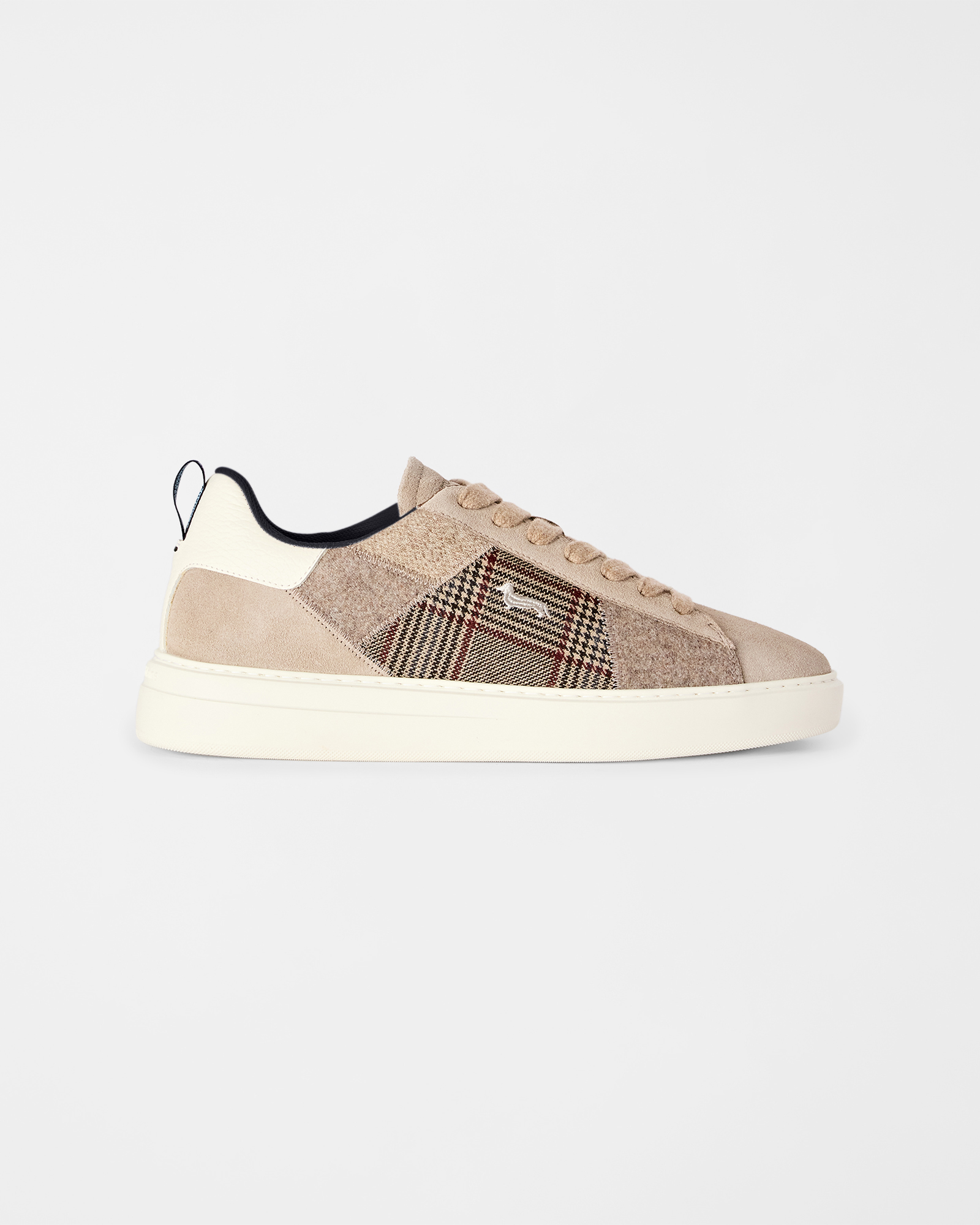 Men's suede and beige fabric patchwork sneakers