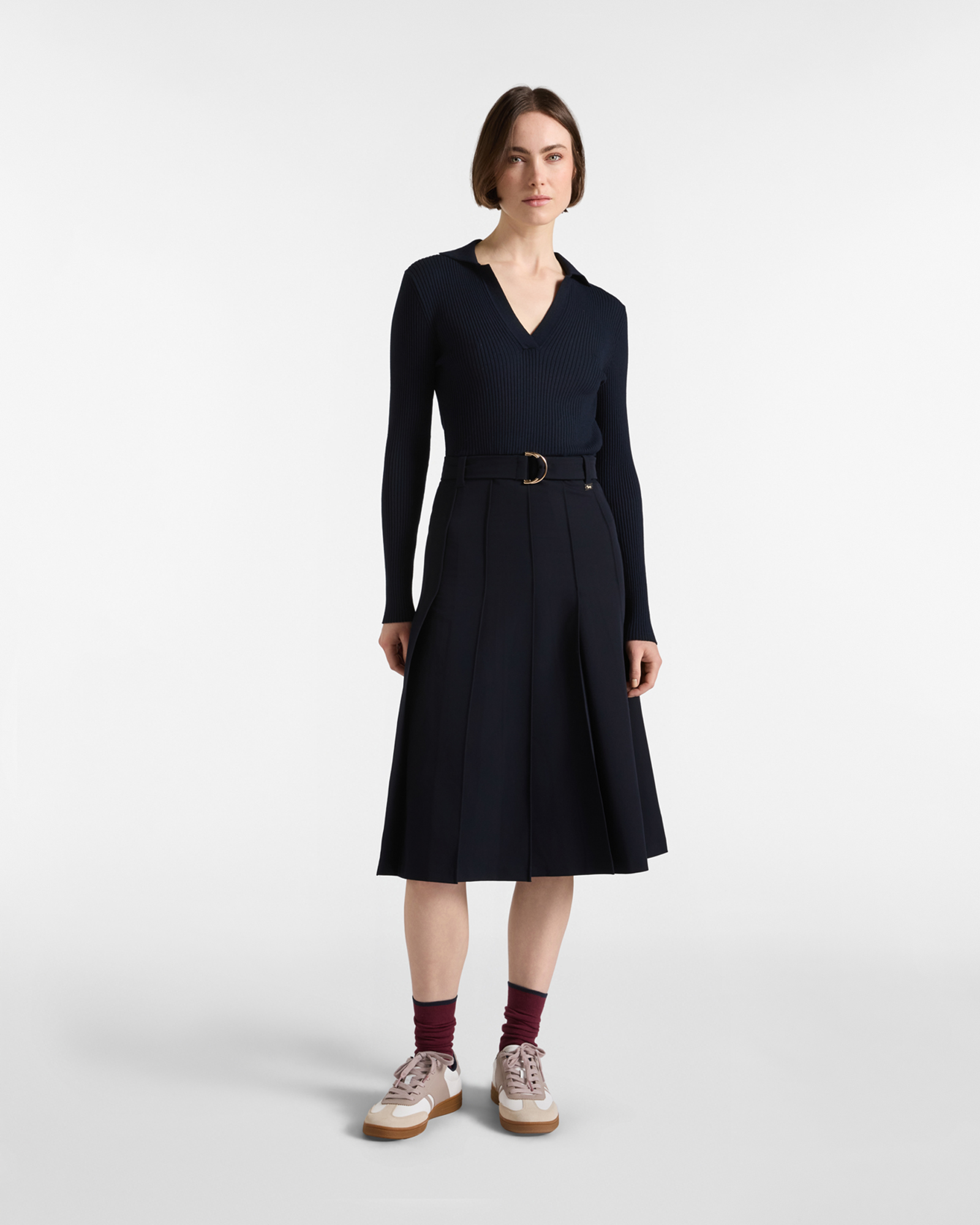Women's dark blue two-material midi dress with ribbed bodice and belt