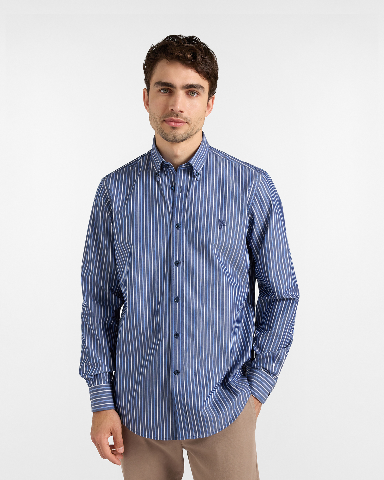 HBJ Men&rsquo;s Regular Fit Shirt with Monte Carlo collar in pure cotton with a denim blue stripe pattern