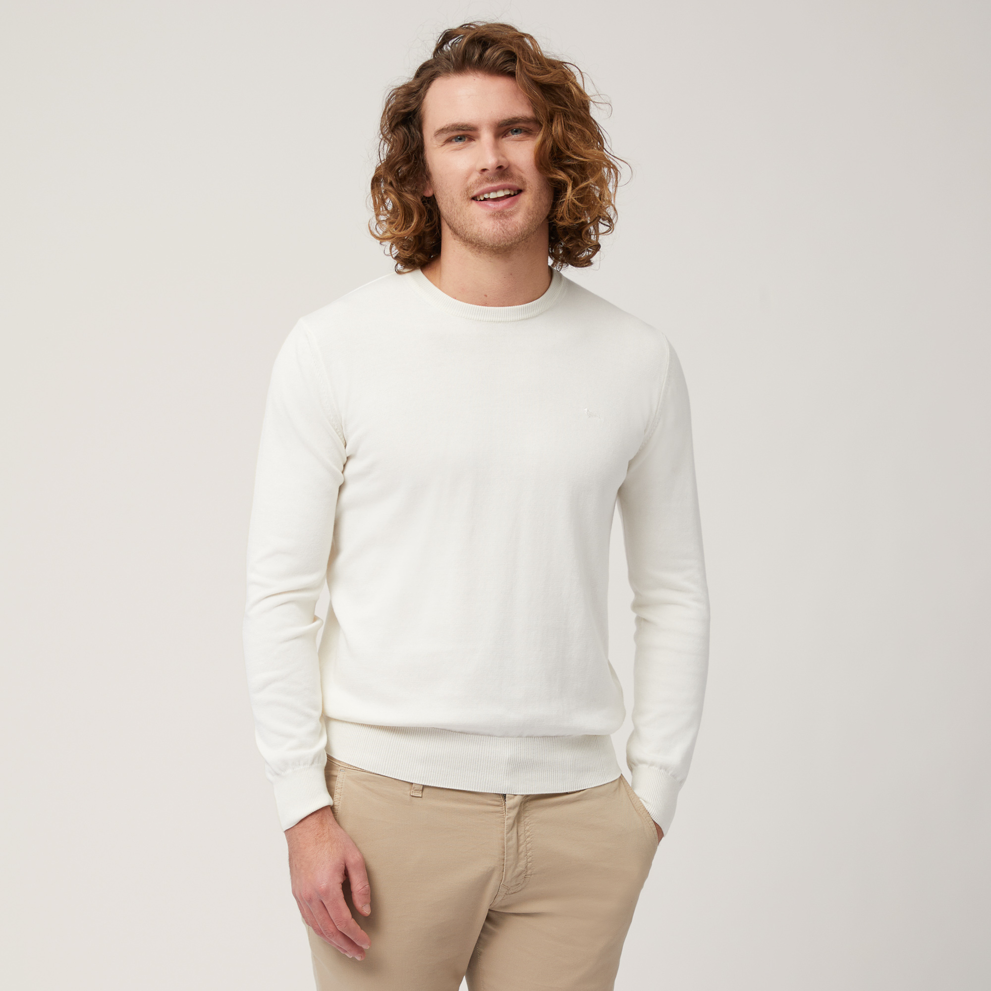 Cotton Crew Neck Pullover, White, large