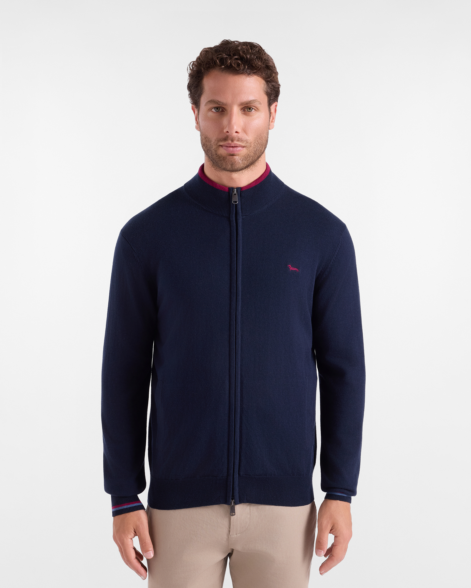 Maglia Uomo con collo alto full zip in misto lana e cotone blu Regular Fit