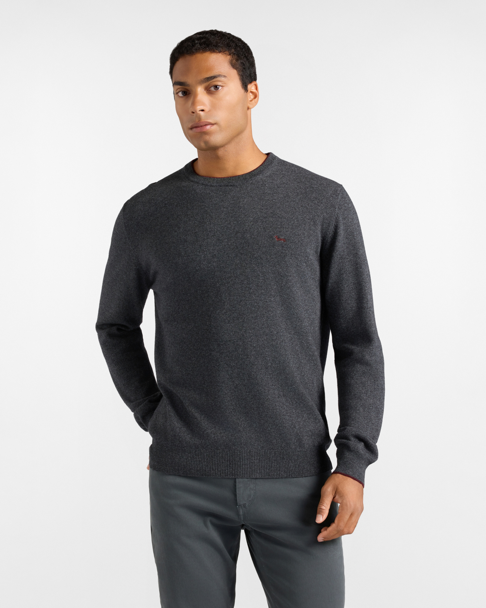 Men's crewneck sweater with contrasting stripe in a gray wool and cashmere blend with regular fit