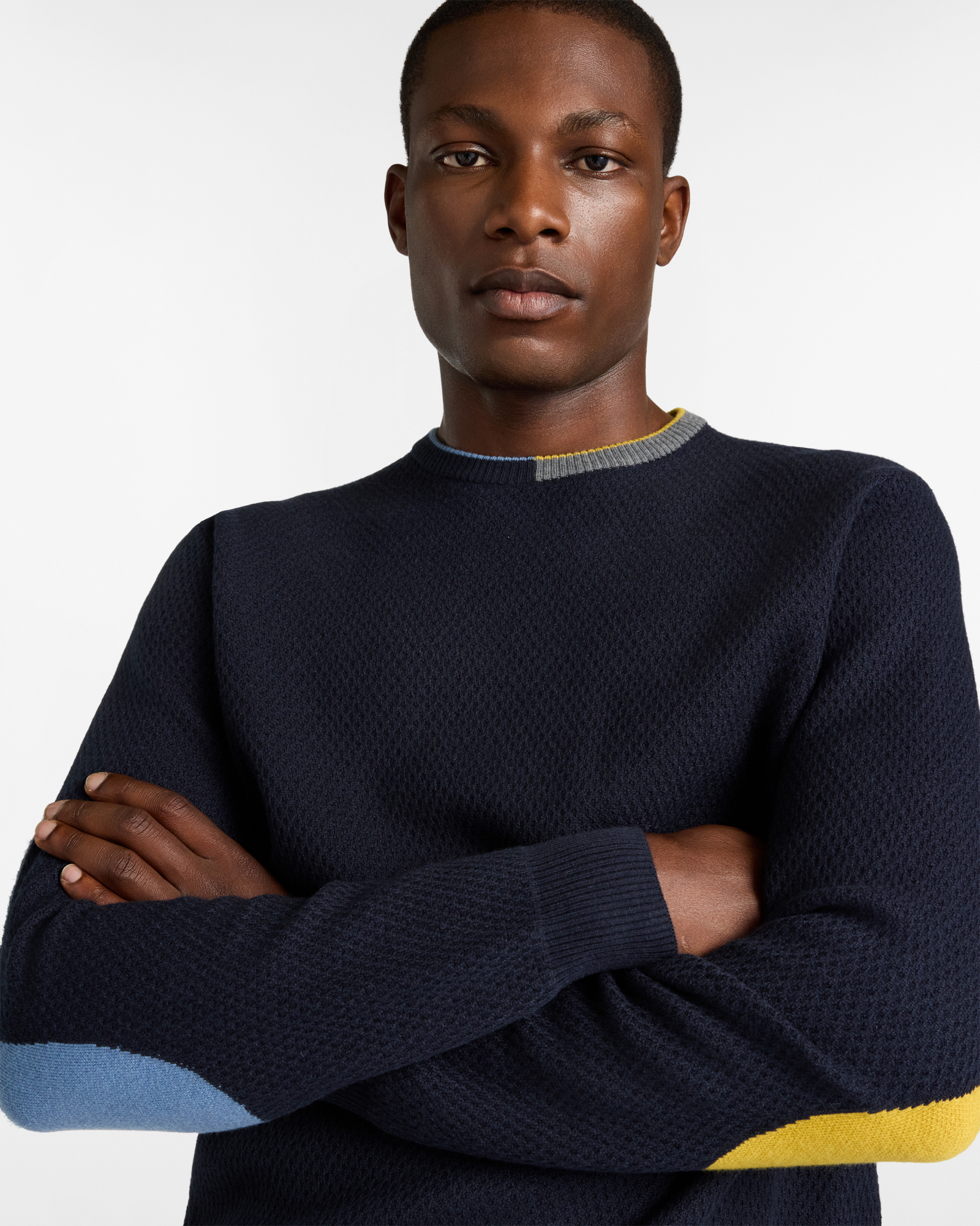 Crewneck Sweater with Contrast Elbow Patches, Dark Blue, large image number 2