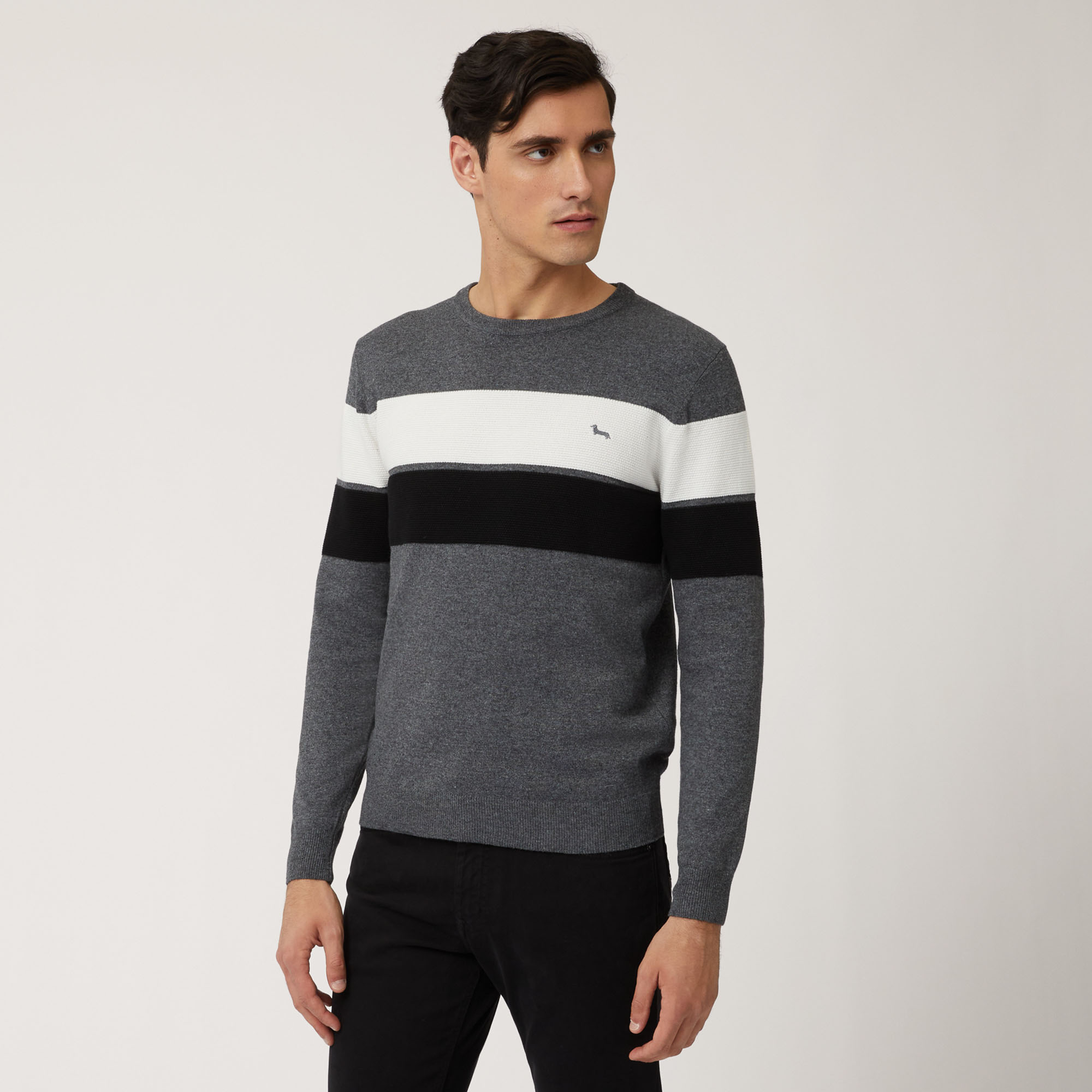 Crew-Neck Pullover With Color-Block Bands, Gray, large image number 0