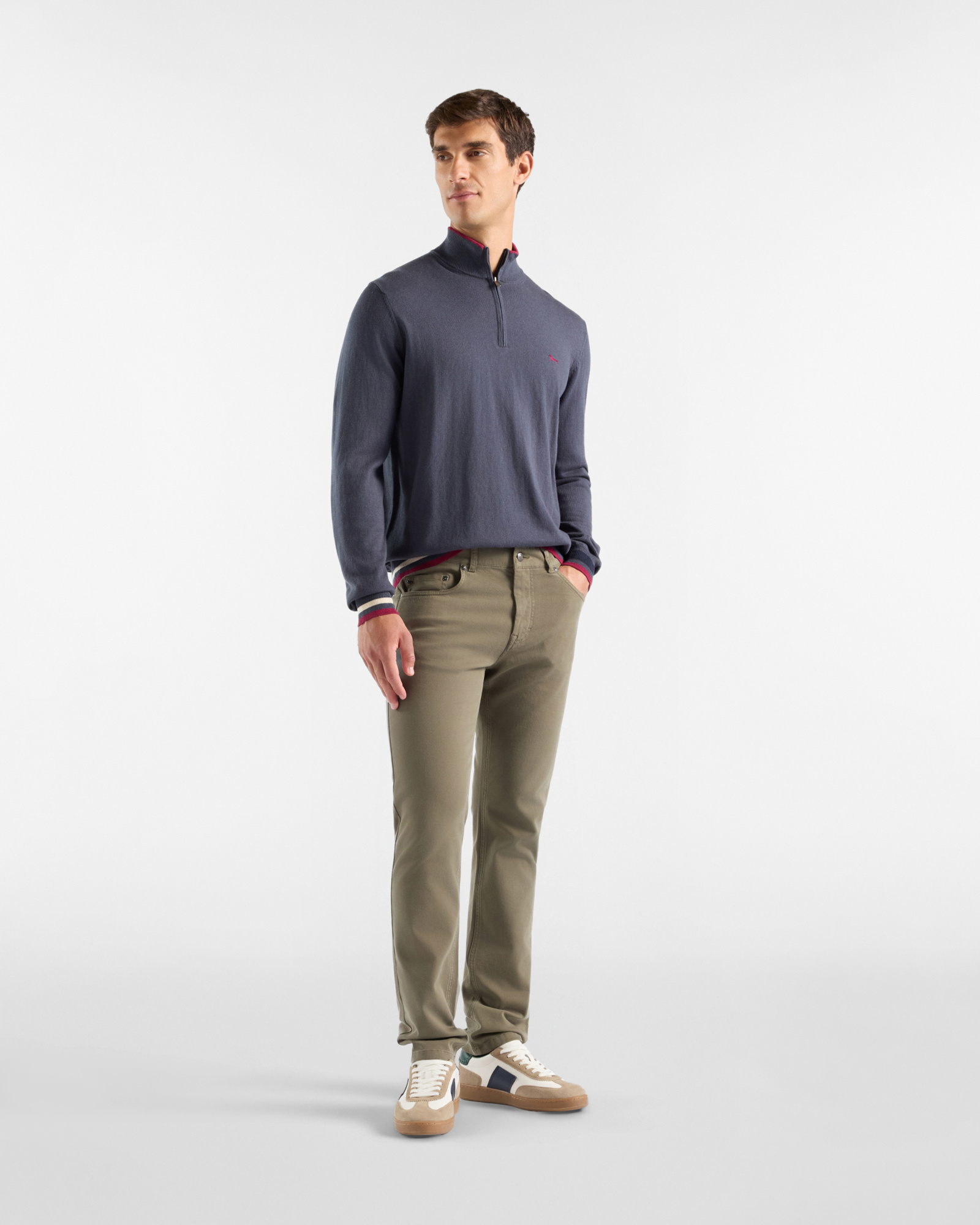 Men's regular fit sweater with half-zip stand-up collar in wool and cotton blend, GRAY, large