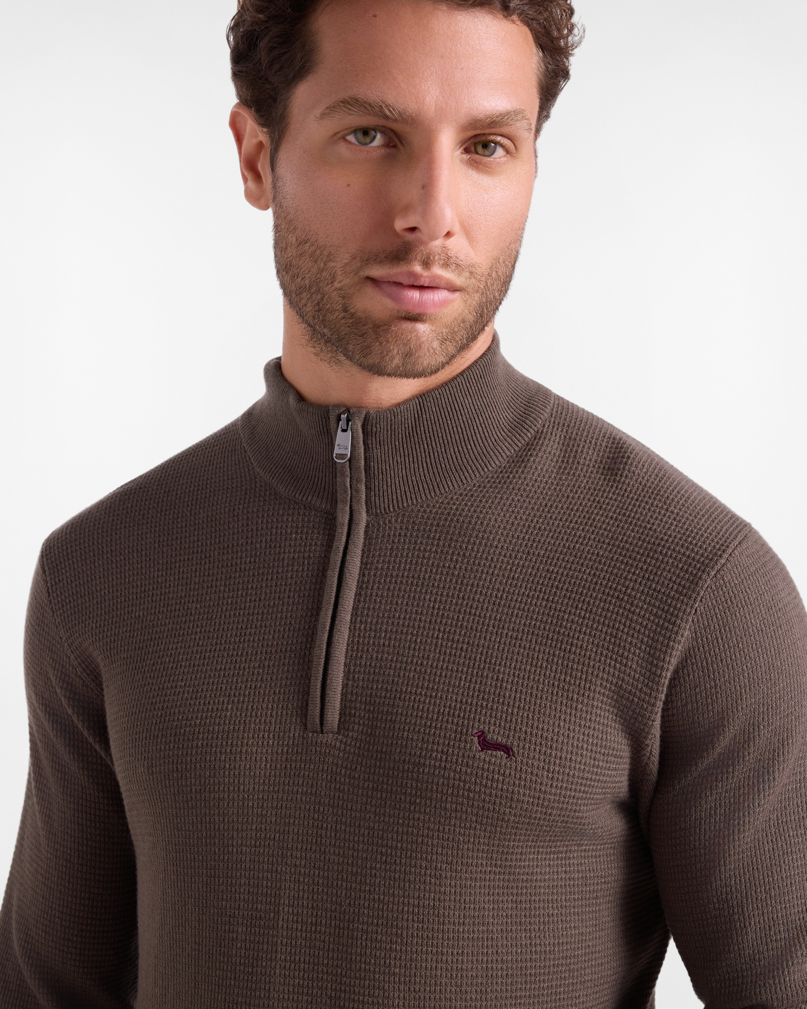 Maglia Uomo con collo alto half zip in misto lana e cotone Regular Fit, VERDE PETROLIO, large
