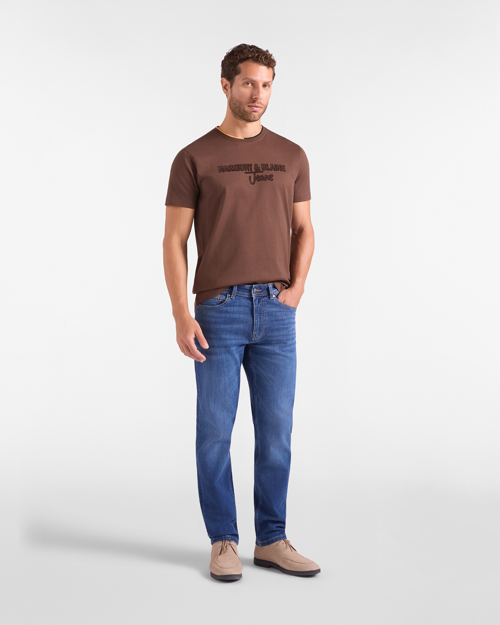 T-shirt HBJ Uomo con Stampa Flock in Puro Cotone, MARRONE, large