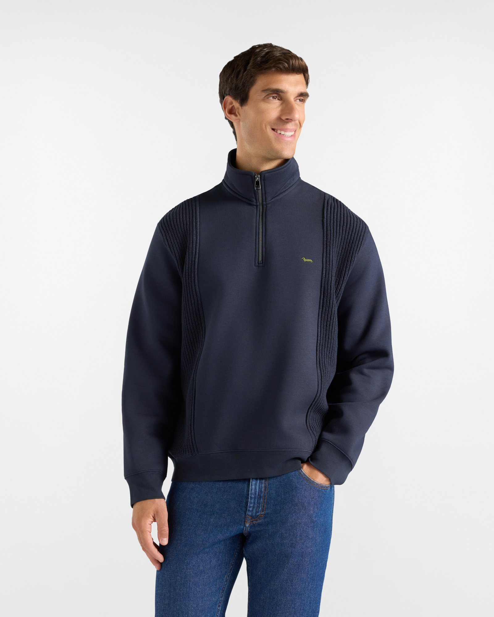 Men&rsquo;s Technical Fabric Half-Zip Sweatshirt with Dark Blue Knit Inserts