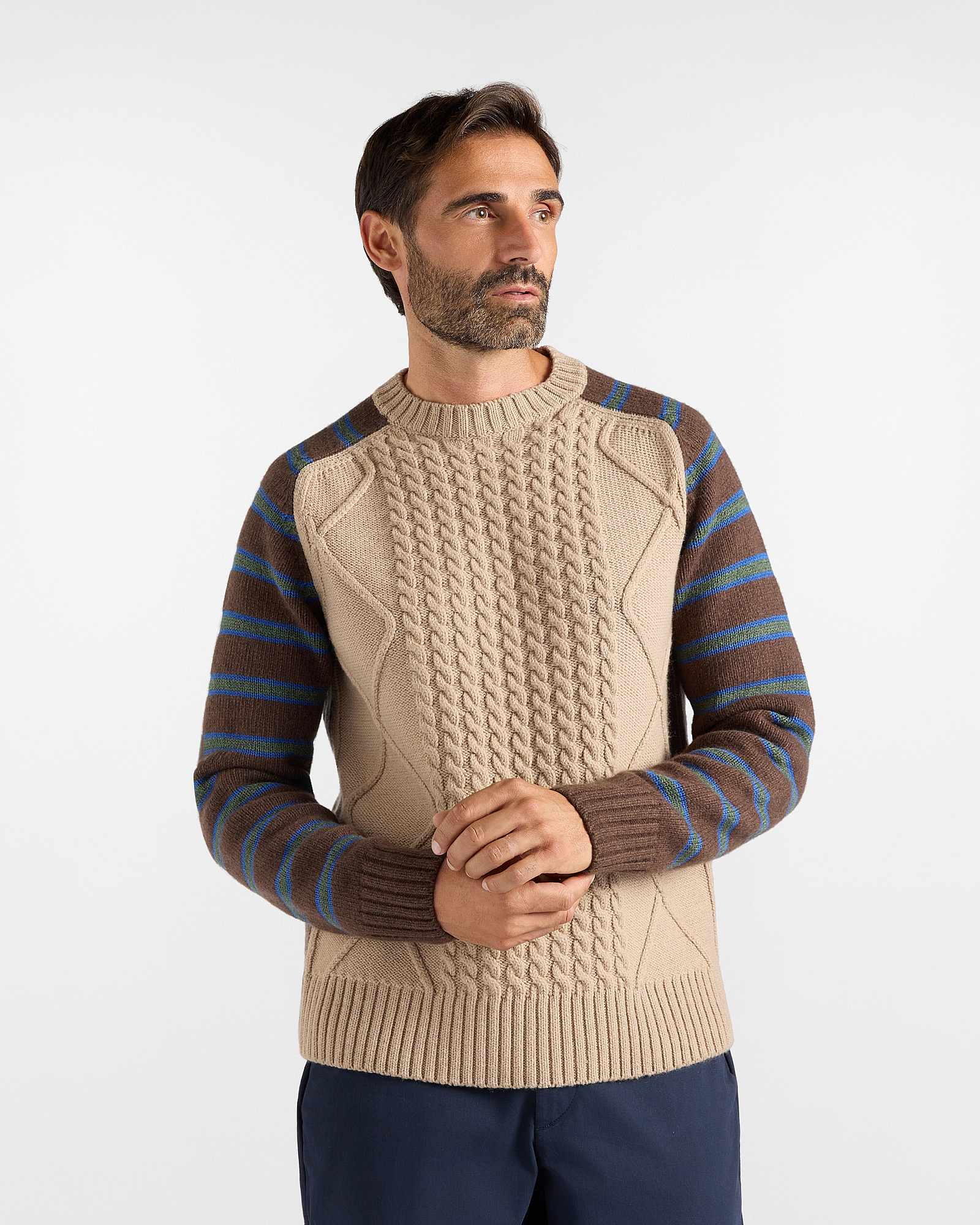 Men&rsquo;s jumper with hand-knitted cables and stripes in dark brown wool blend, Made in Italy