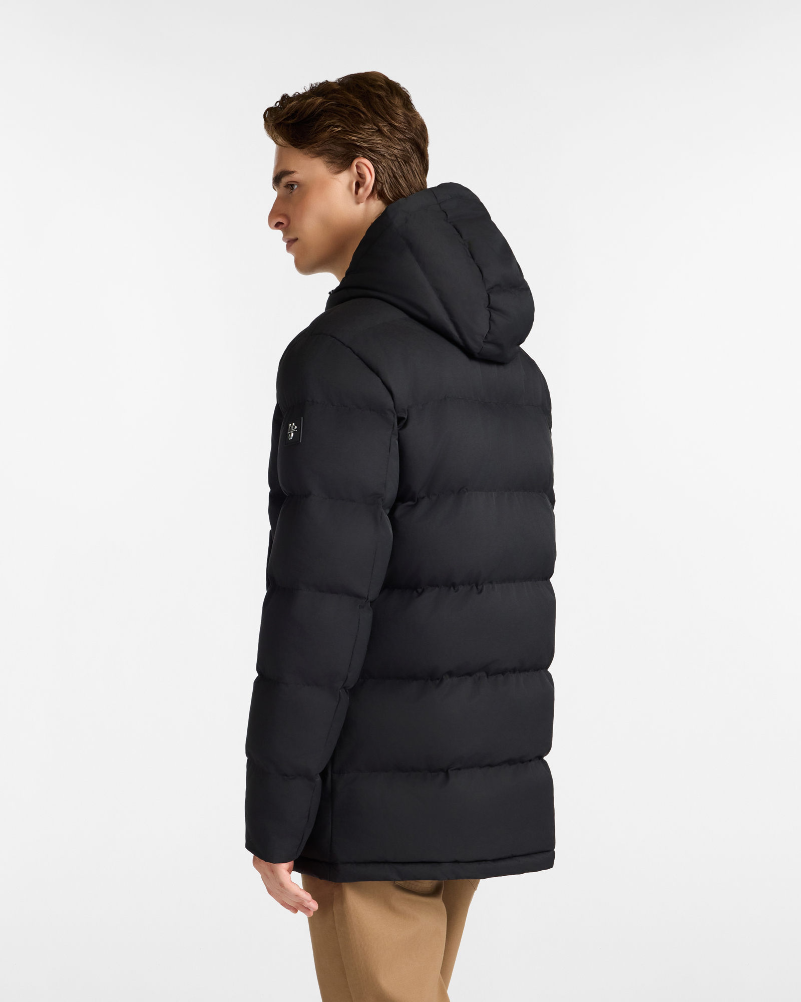 Long Quilted Down Jacket with Hood and Velvet Interior Details, Black, large image number 1