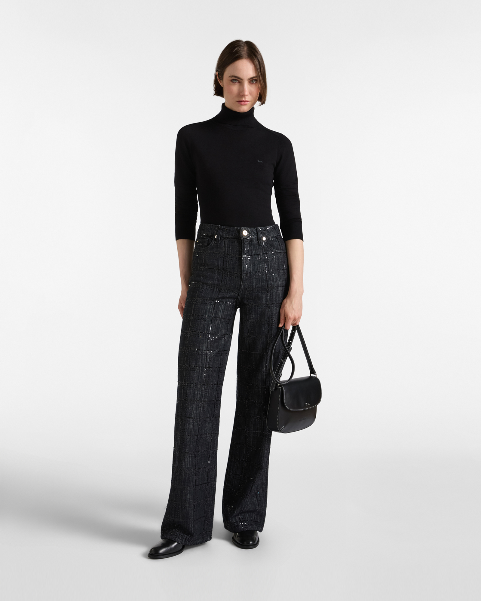 Women&rsquo;s 5-Pocket Denim Trousers with Sequins, BLACK, large