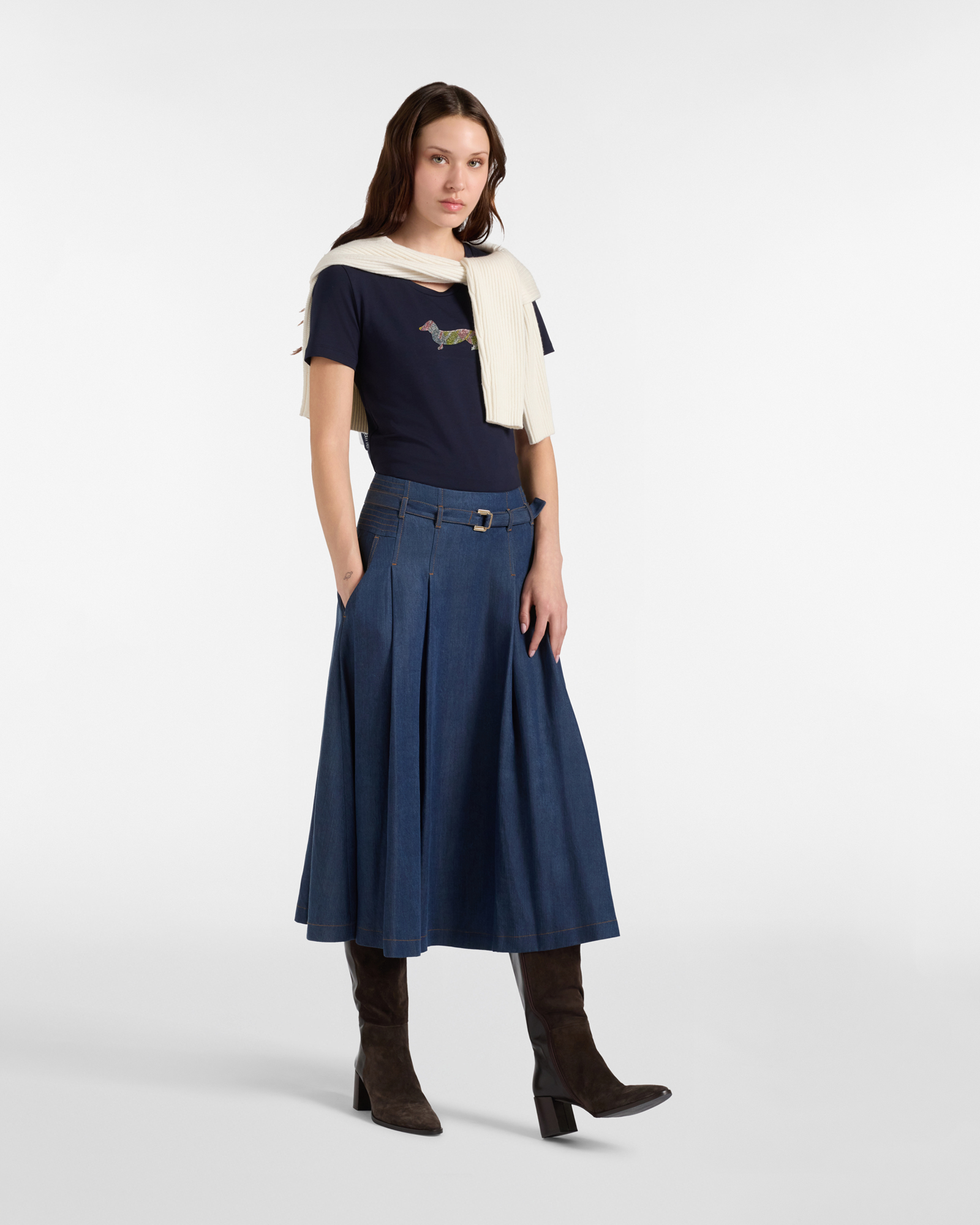 Women's  stretch cotton T-shirt with maxi dachshund, NAVY BLUE, large image number 3