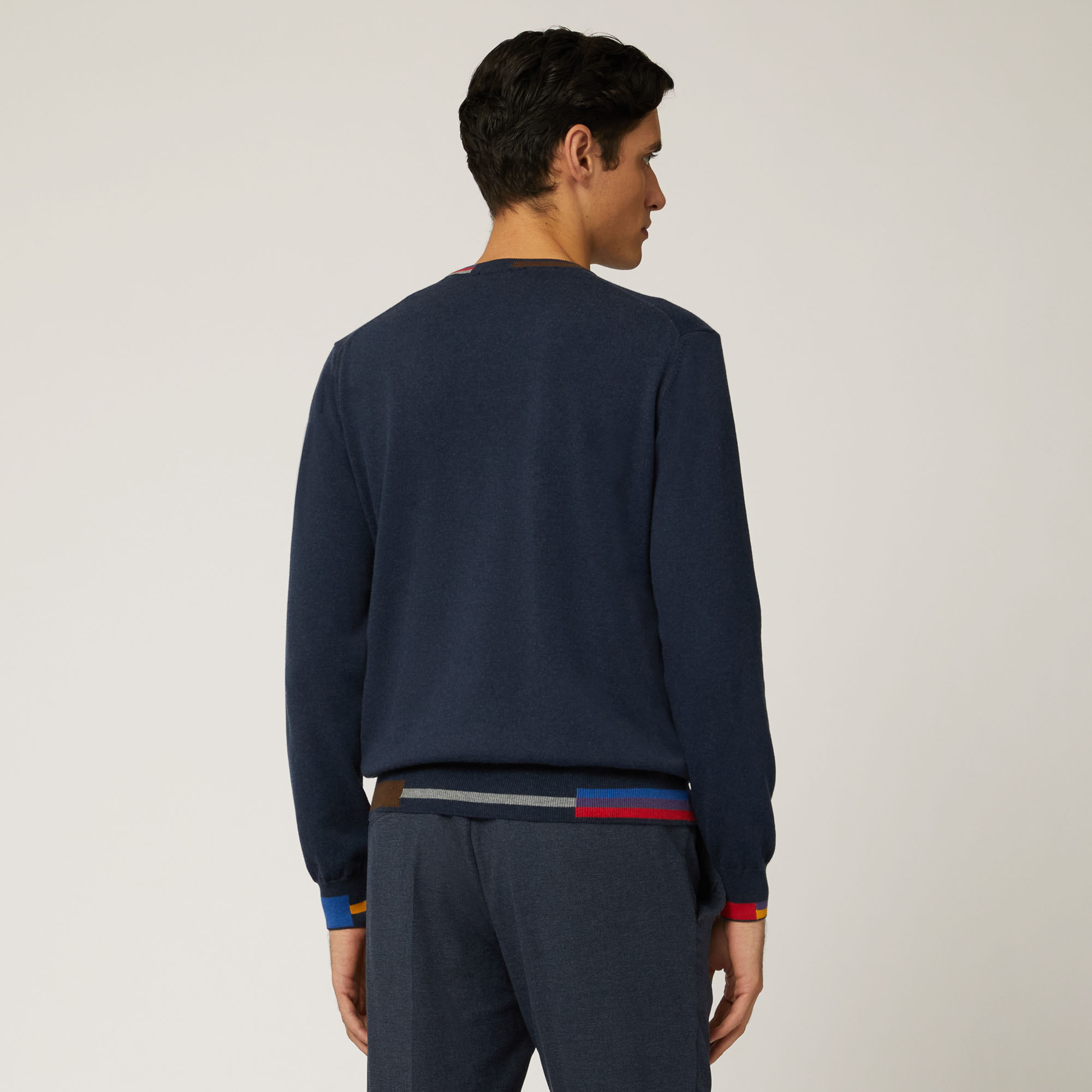 Cotton And Wool Crew-Neck Pullover With Contrasting Details, Blue, large image number 1