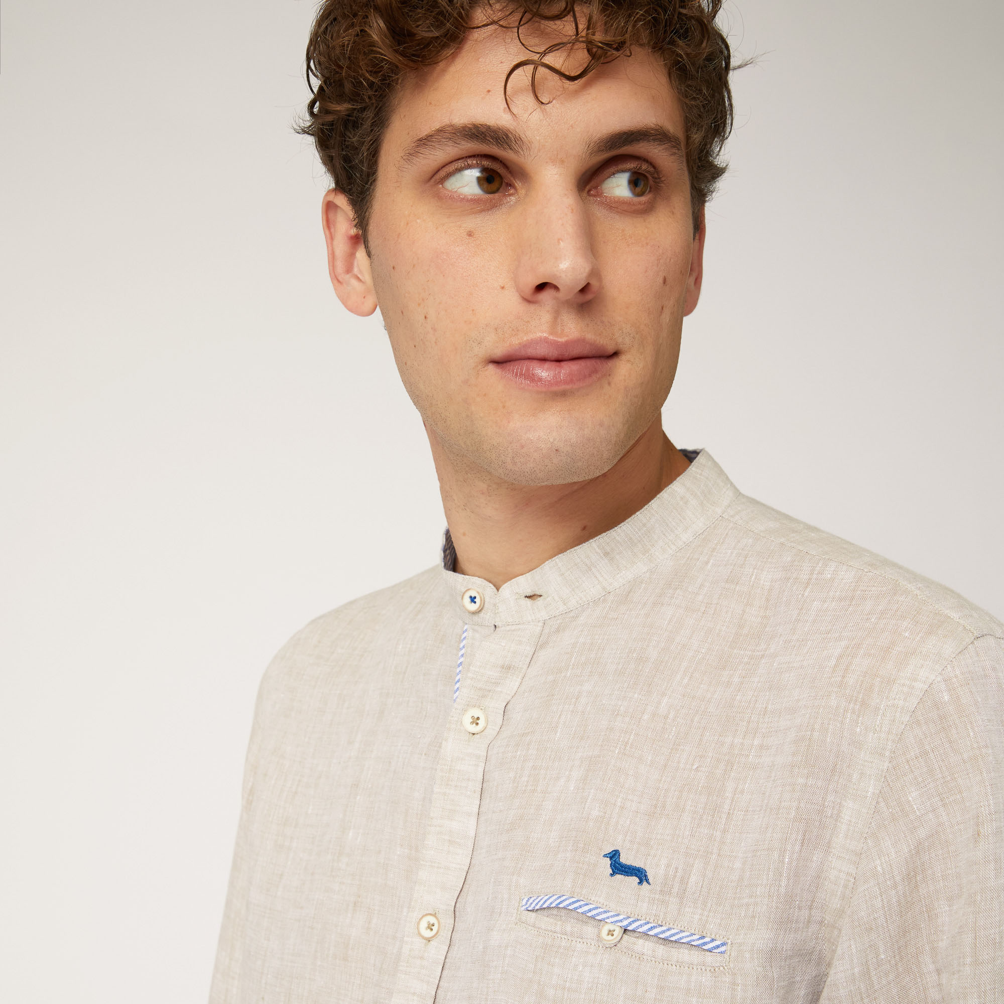 Linen Shirt with Mandarin Collar and Breast Pocket