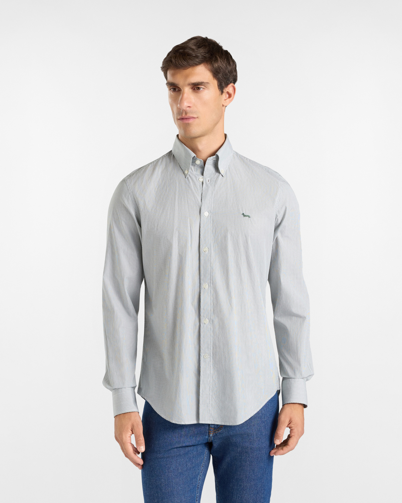 Men's regular-fit bottle green yarn-dyed shirt with micro-stripe