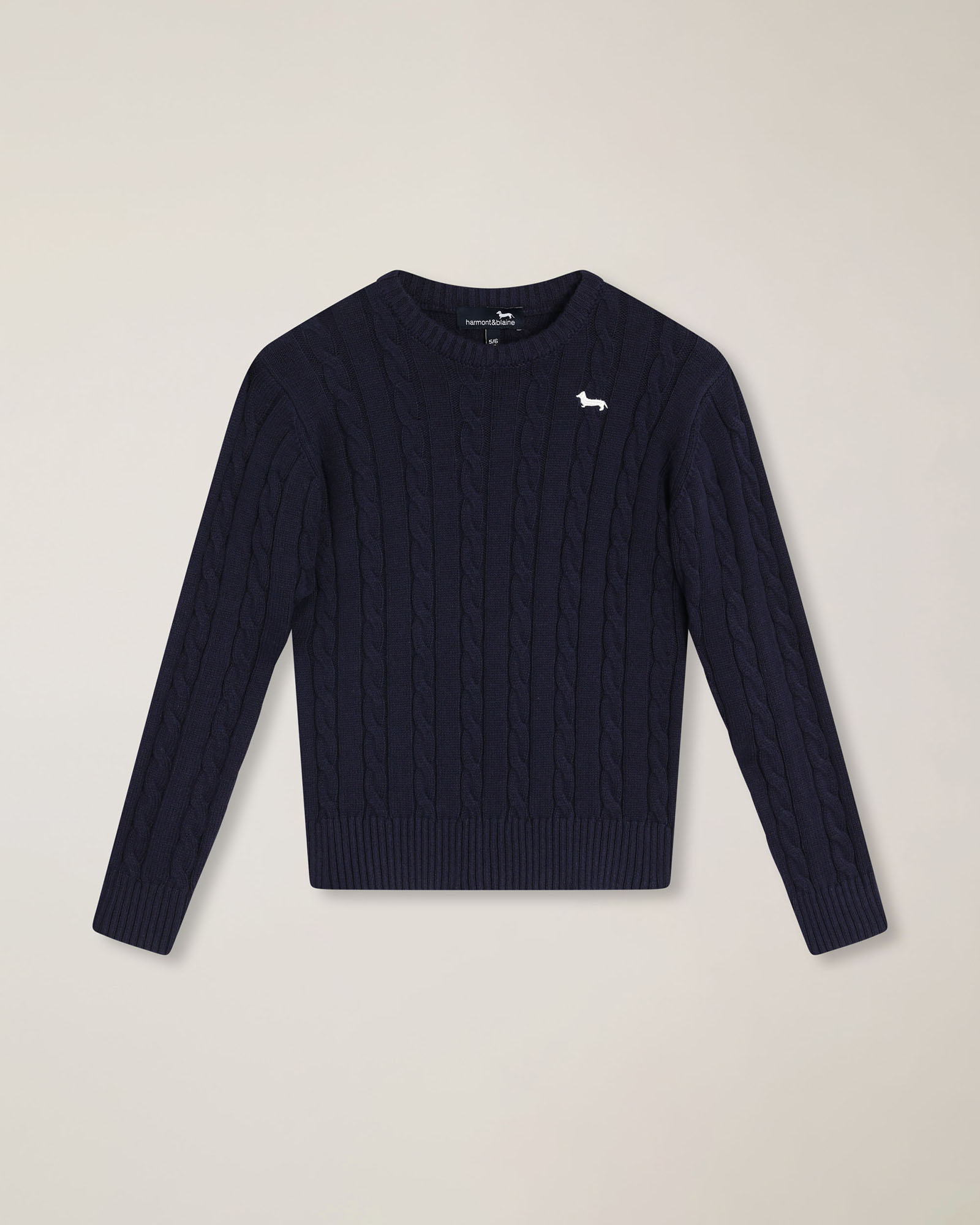 Cable knit sweater with embroidered logo, Navy Blue, large