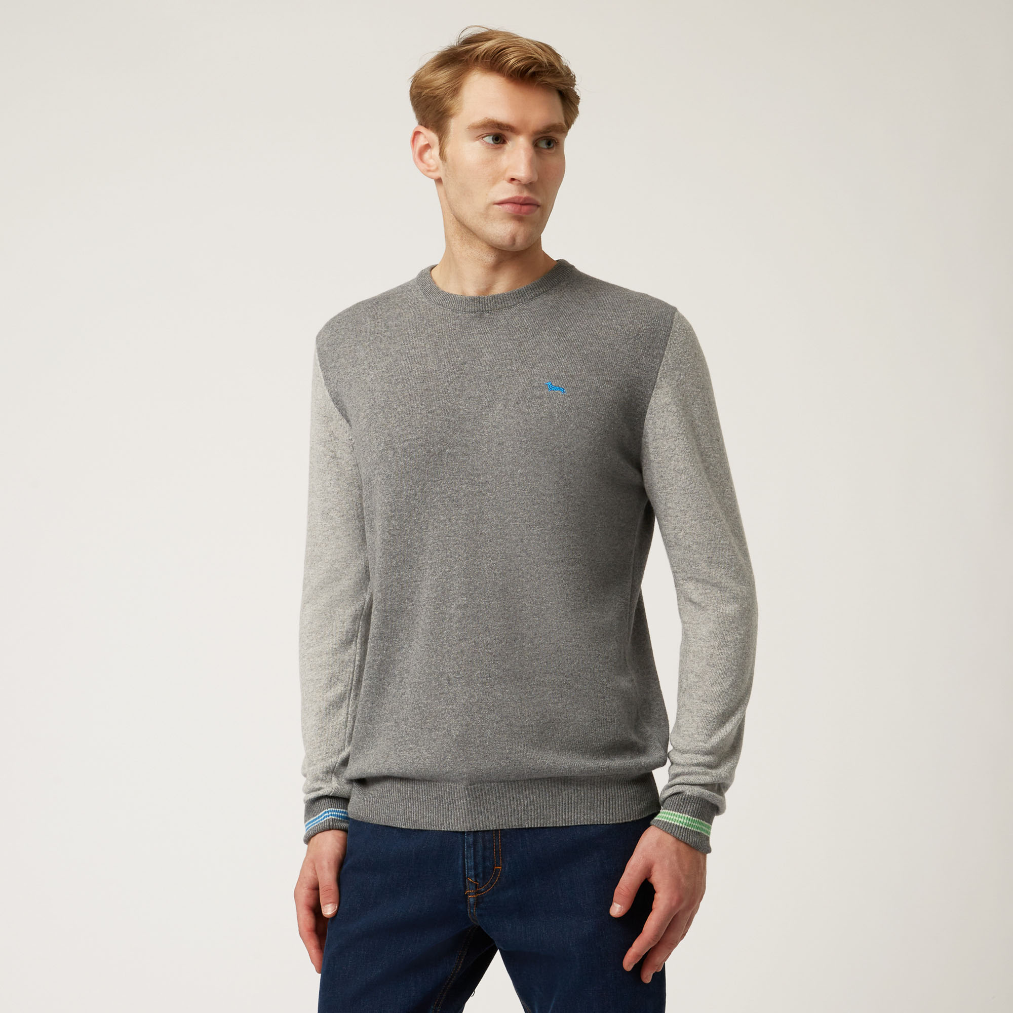 Crew-Neck Pullover With Shirt-Fabric Insert, Gray, large