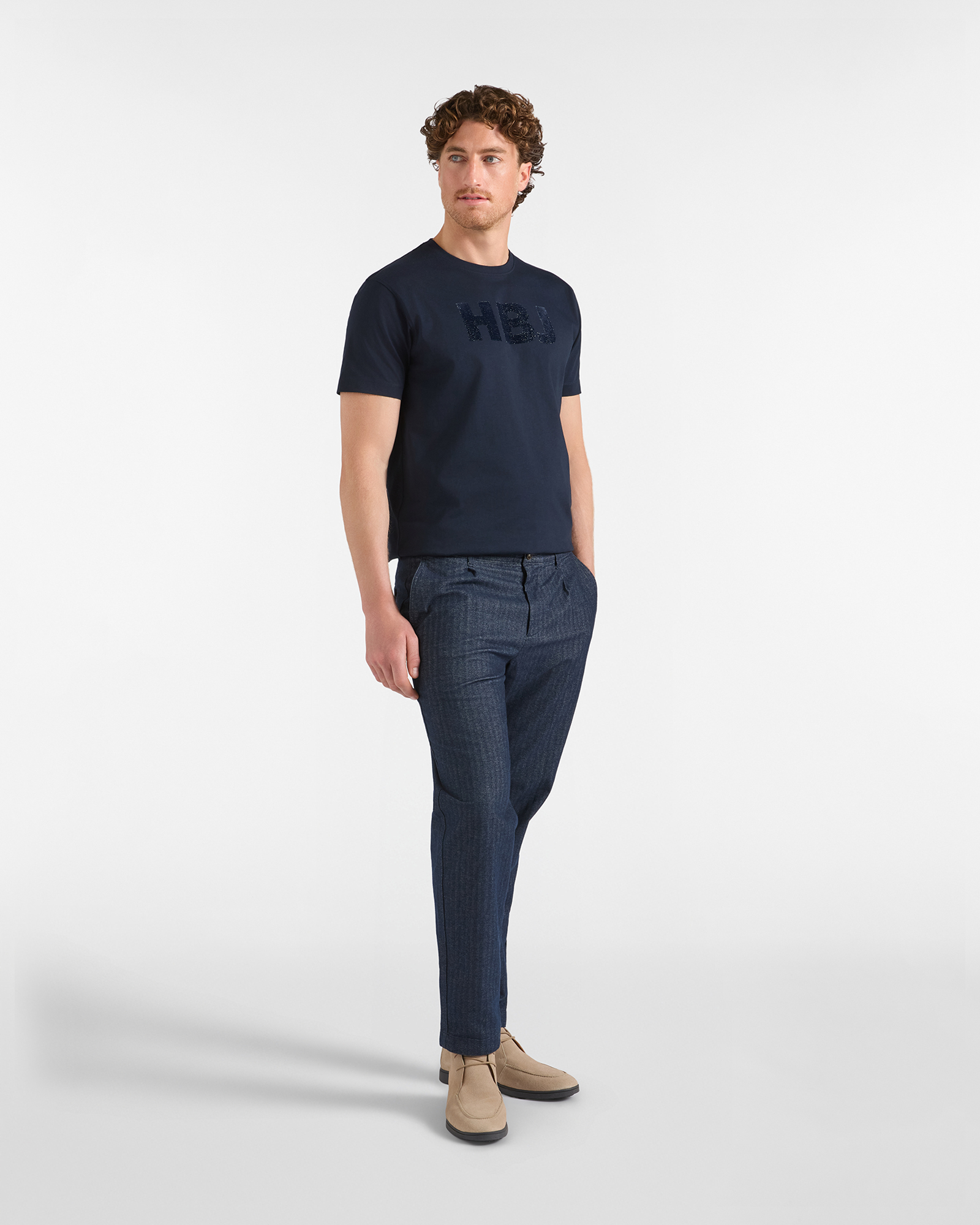 Pantalone Chino HBJ Uomo D-Fit con Pinces in Cotone Stretch, BLU SCURO, large