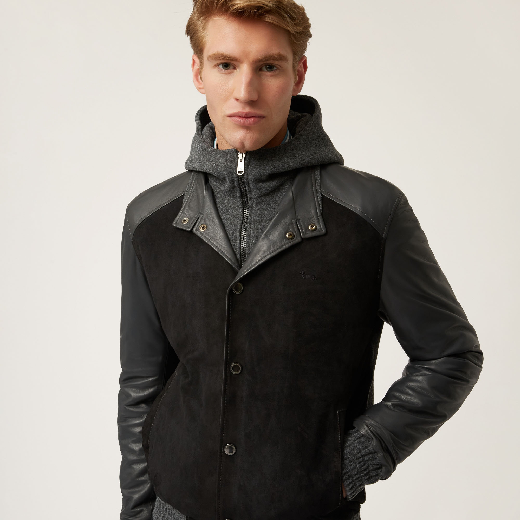 Genuine Leather Bomber Jacket With Detachable Front Part, Black, large image number 2
