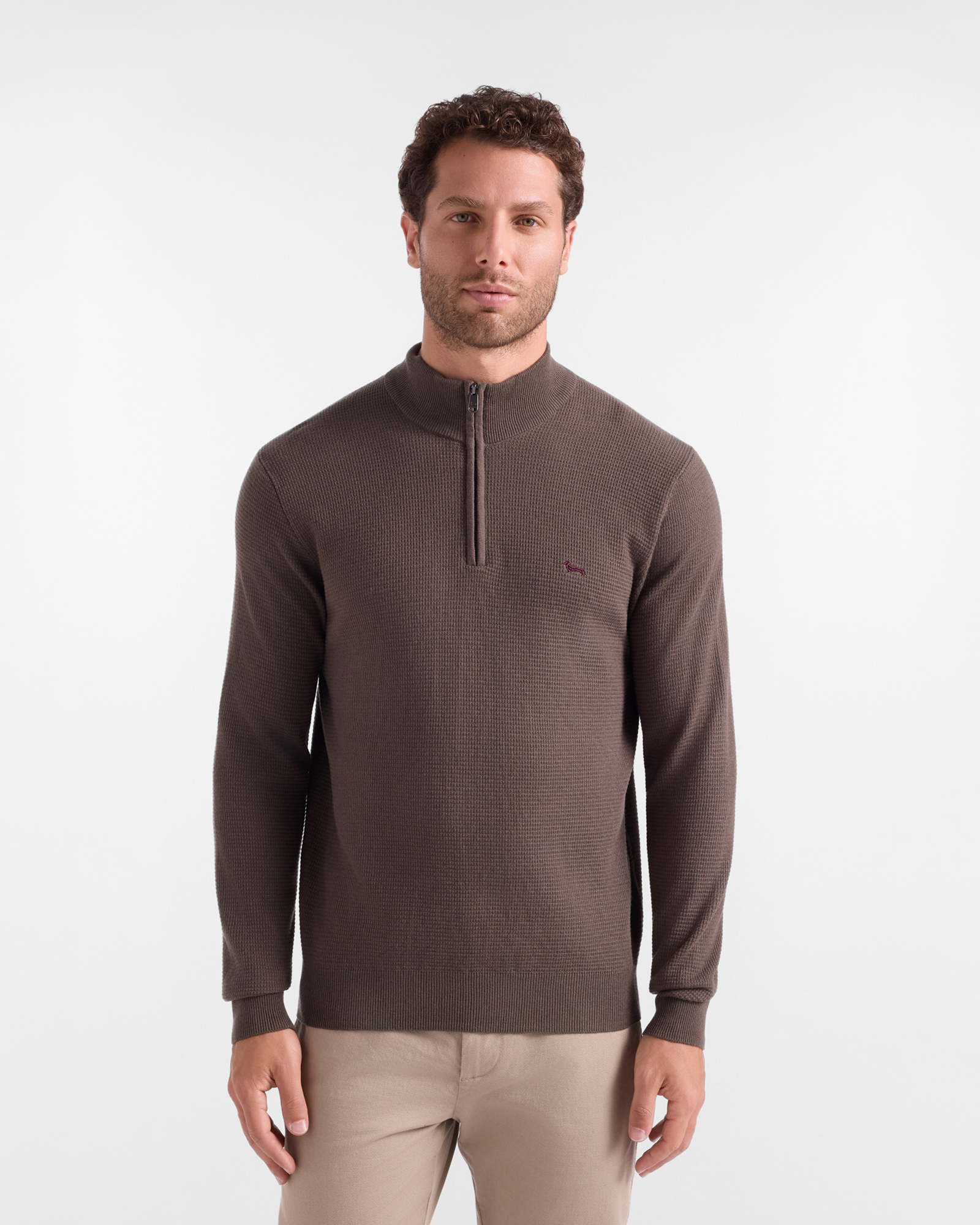 Maglia Uomo con collo alto half zip in misto lana e cotone verde Regular Fit