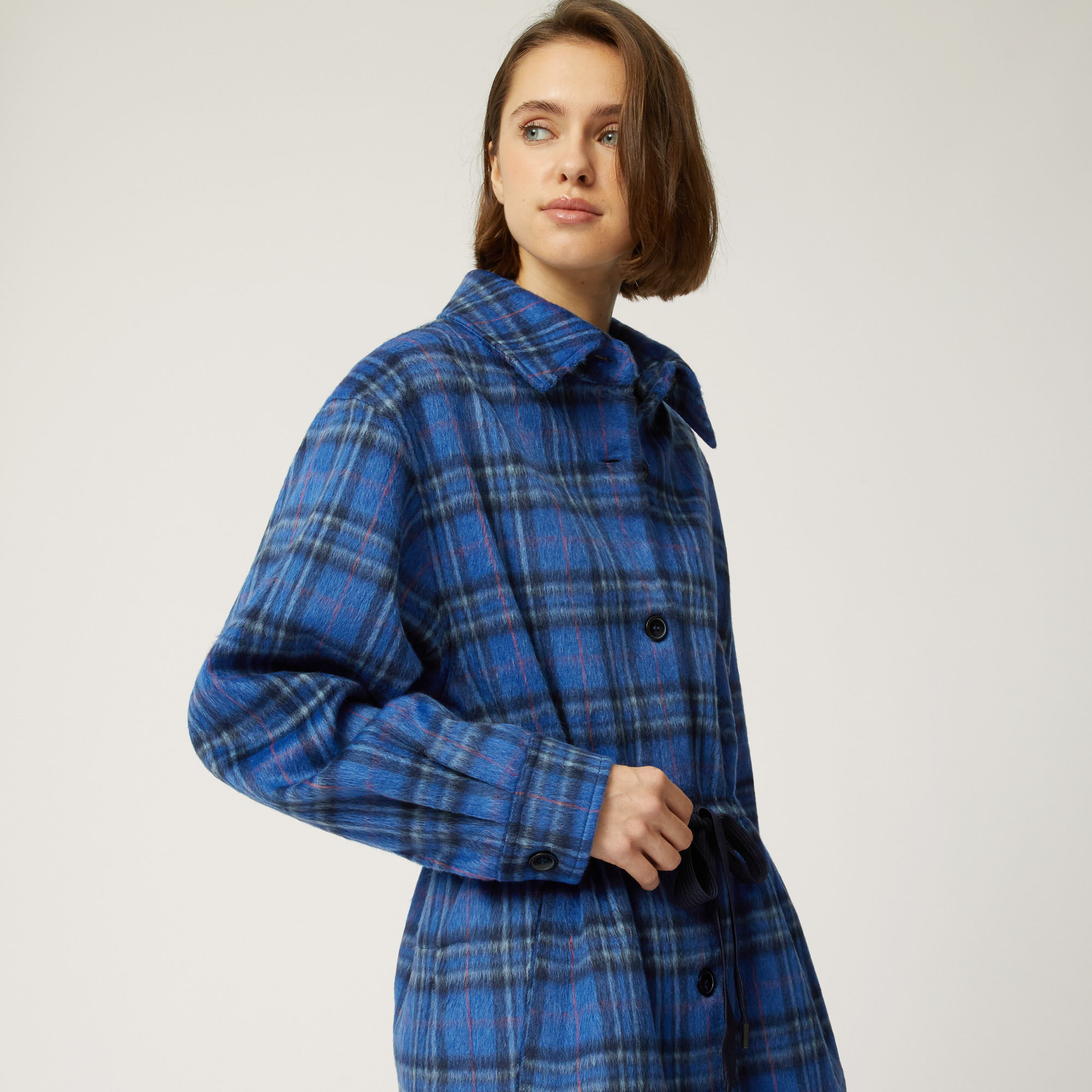 Chequered Jacket With Drawstring Waist, Light Blue, large