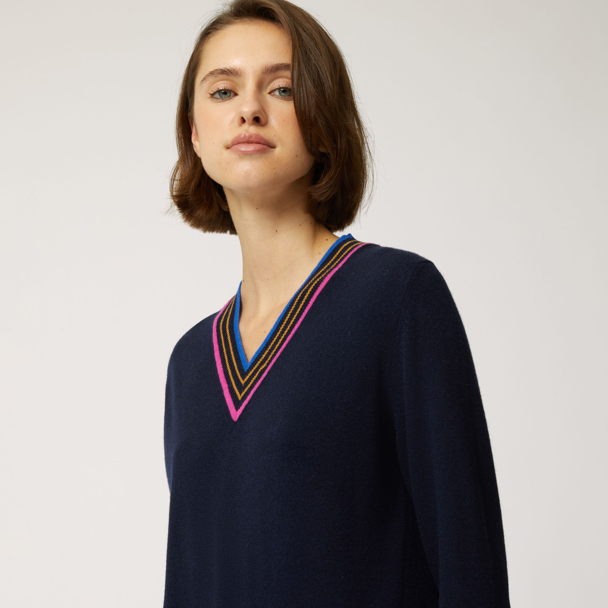 Cashmere Pullover With Striped Details, Blue, large image number 2